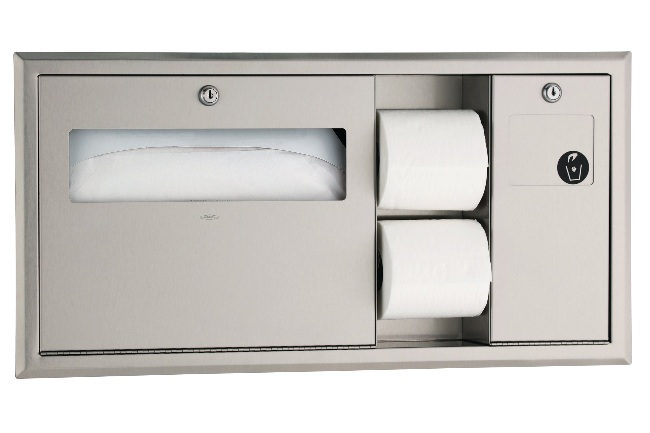 Bobrick B3092 ClassicSeries Recessed Mounted Toilet Tissue, Seat Cover Dispenser & Waste Disposal Unit - Satin Finish | Commercial Restroom Solution for Offices, Hotels & Public Spaces