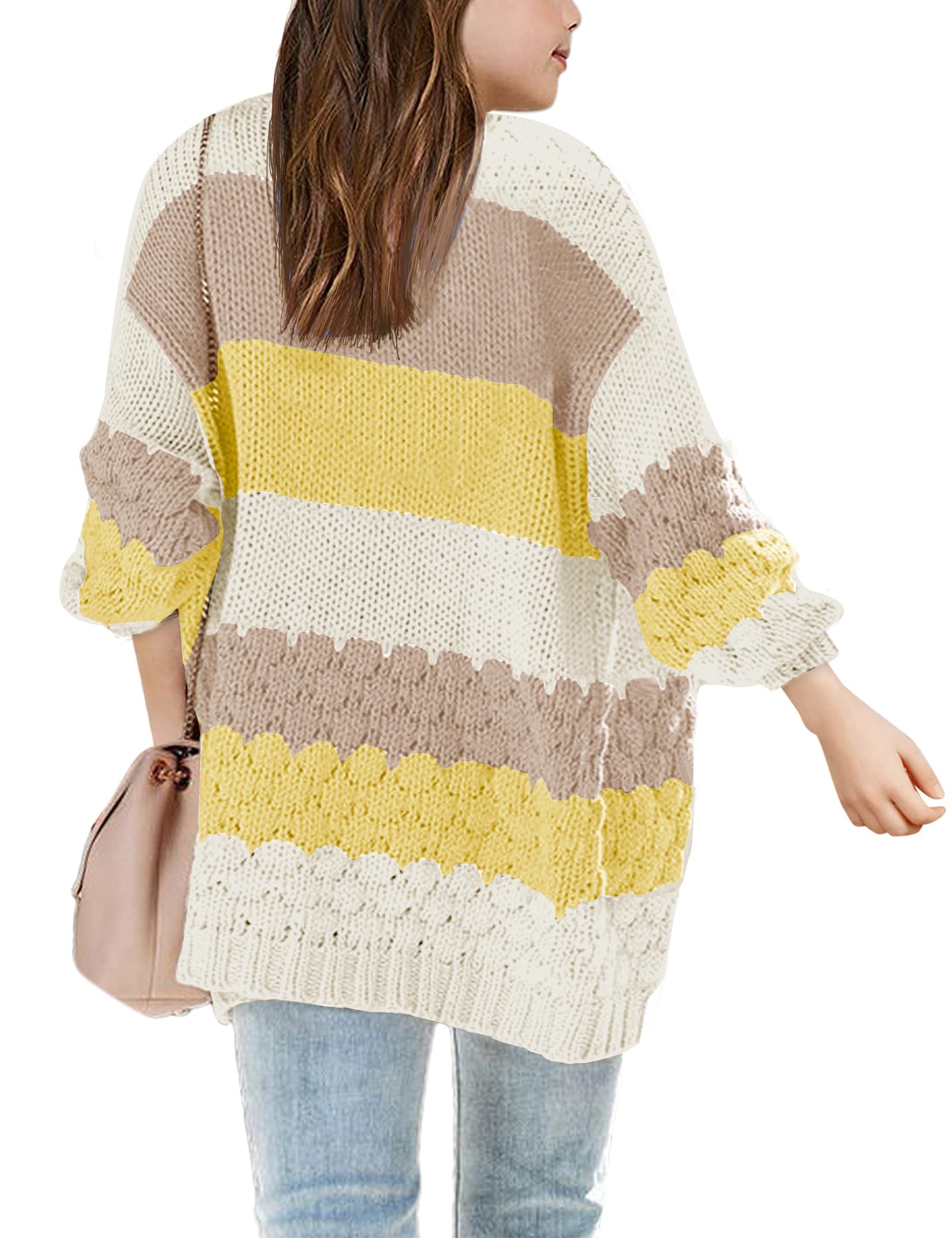 Girls' Color Block Chunky Knit Oversized Cardigan Sweater - Open Front Long Sleeve Kids Coat for School, Playdates & Fall Layering