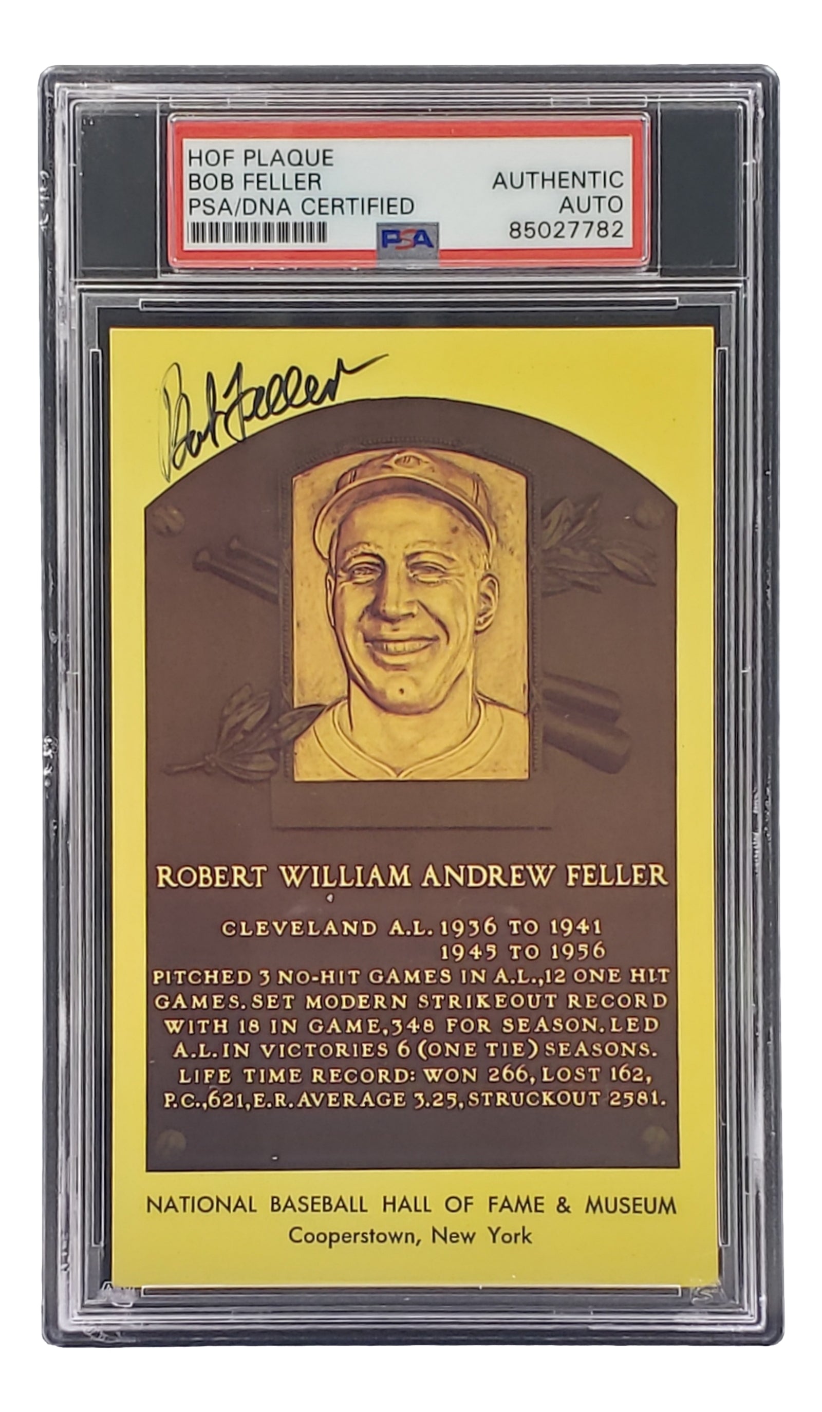 Authentic Bob Feller Autographed 4x6 Cleveland Hall of Fame Plaque Card with PSA/DNA Certification #85027782 - Perfect for Baseball Memorabilia Collectors and Sports Fans Display