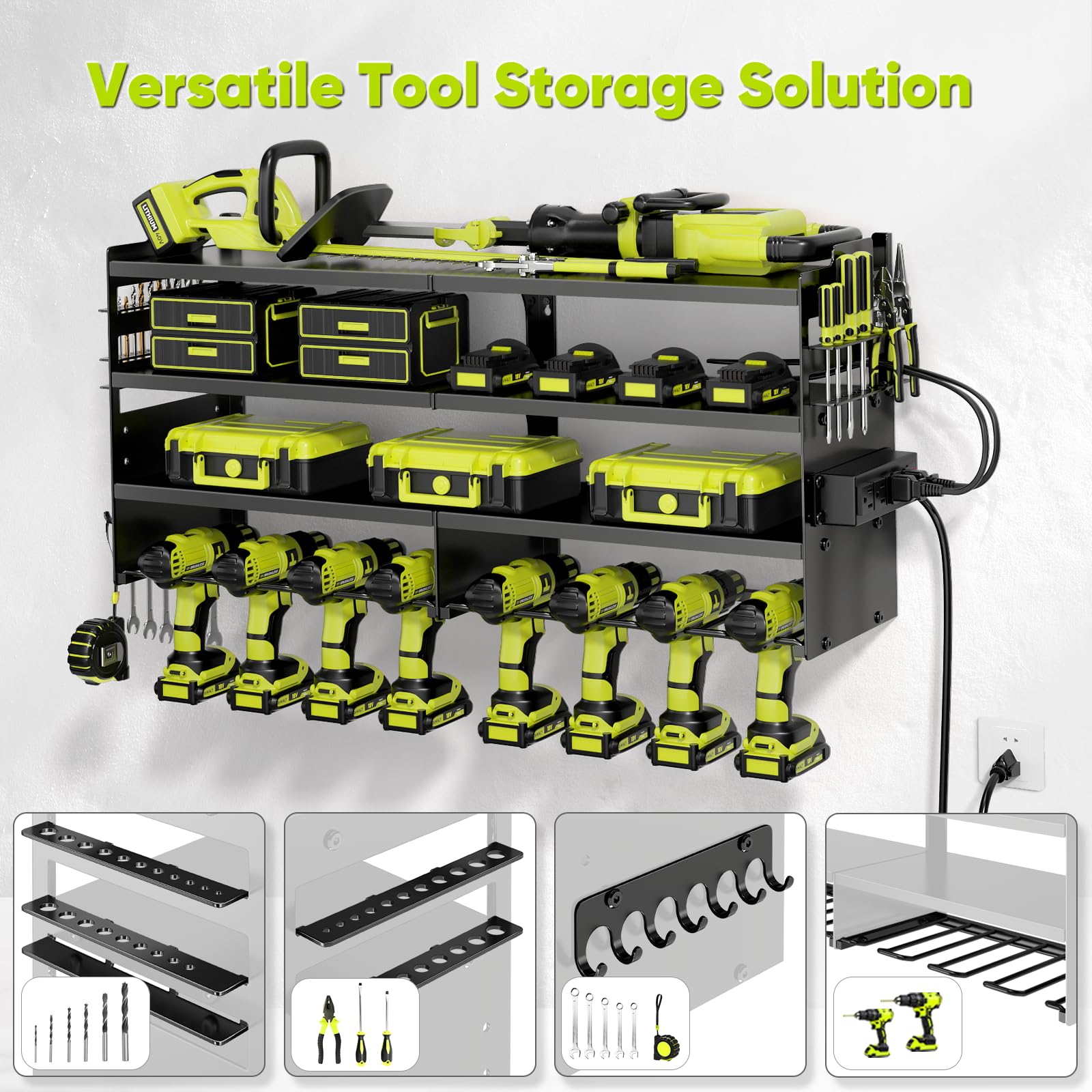 Heavy Duty 4-Tier Wall Mount Power Tool Organizer with Charging Station - 600lbs Capacity, 8 Drill Holders & 4 Power Strips - Perfect for Garage, Workshop, and DIY Tool Storage