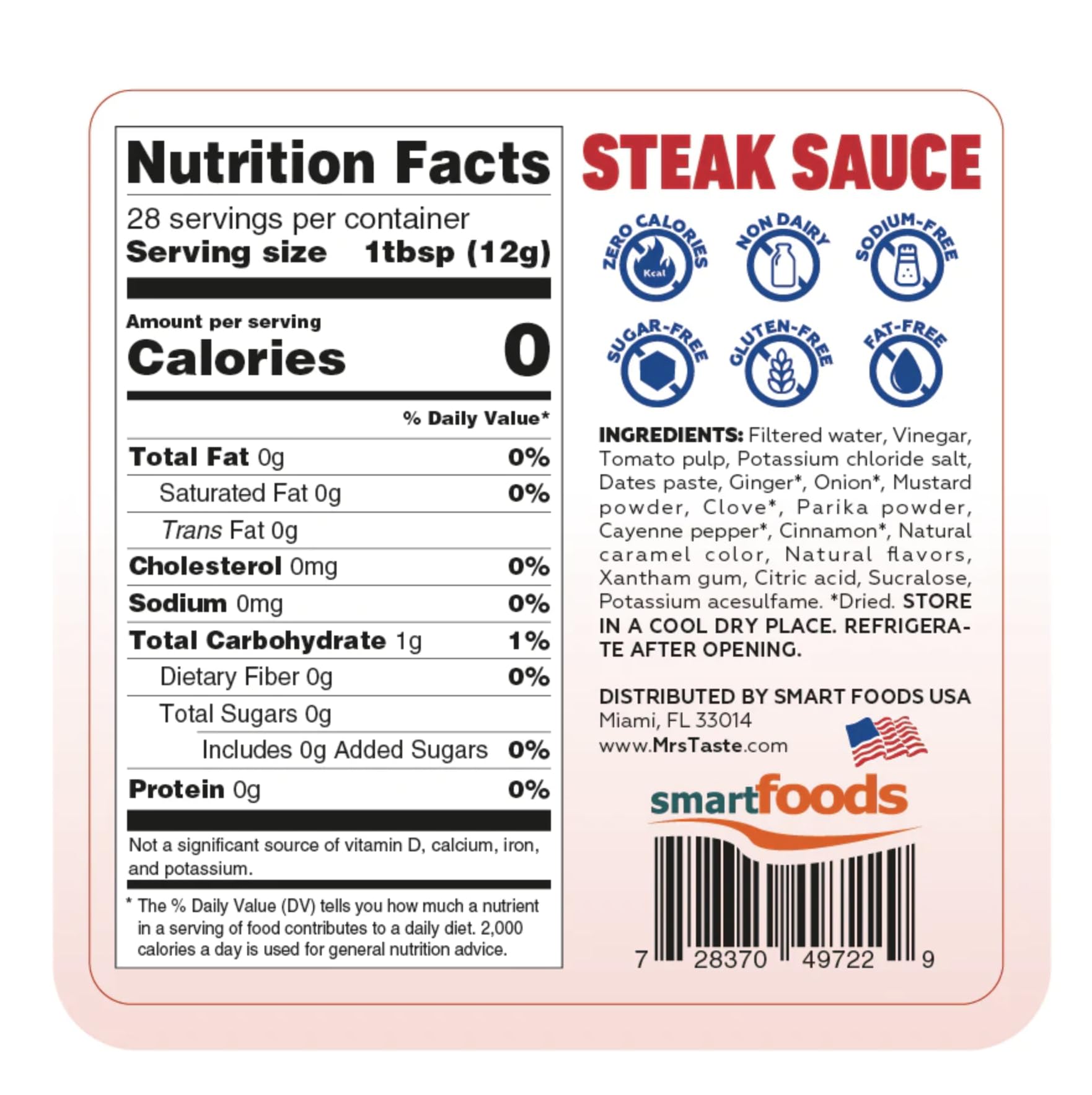 Mrs Taste Sugar Free Steak Sauce - Zero Calorie, No Sodium, No Sugar, High Fiber, Keto & Paleo Friendly Condiment (11.85oz) - Perfect for Grilling, BBQ, Steak & Low Carb Diets
