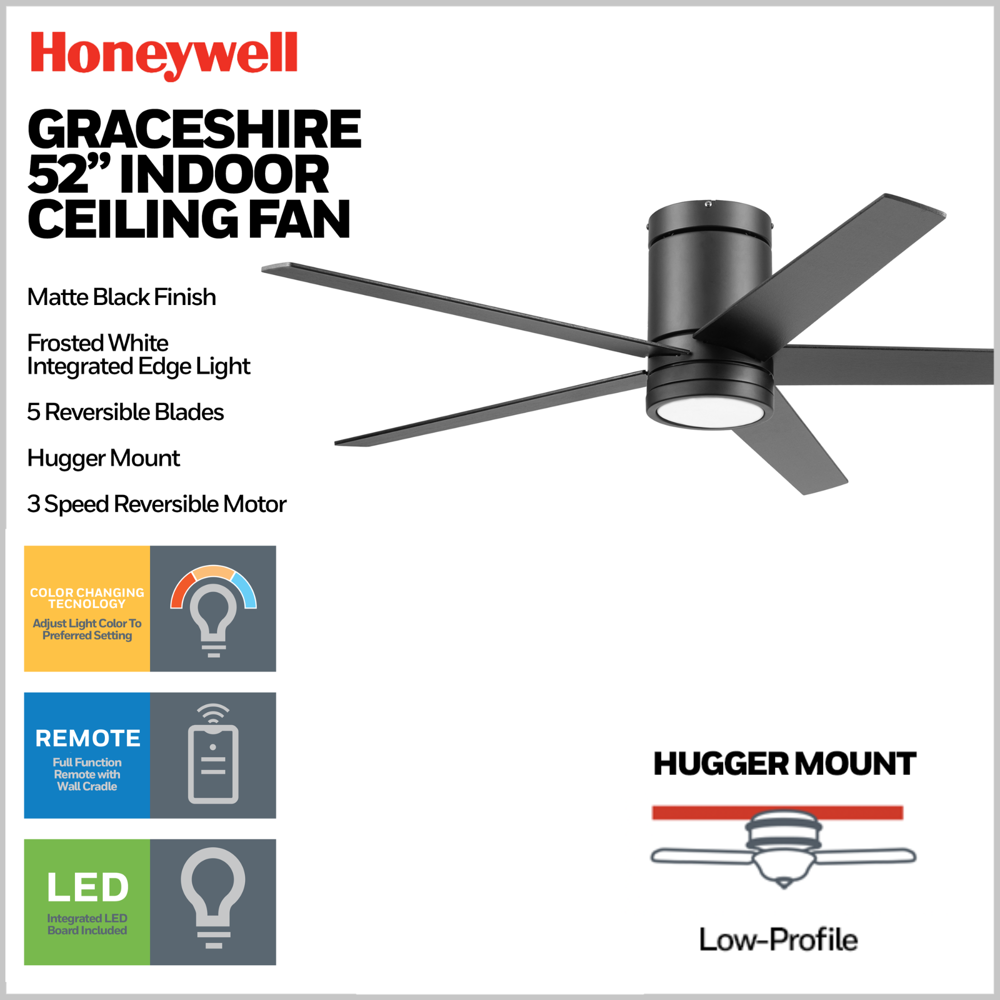 52 Inch Honeywell Graceshire Matte Black Ceiling Fan with Light Kit and Remote Control - Perfect for Living Room, Bedroom, or Outdoor Patio Cooling