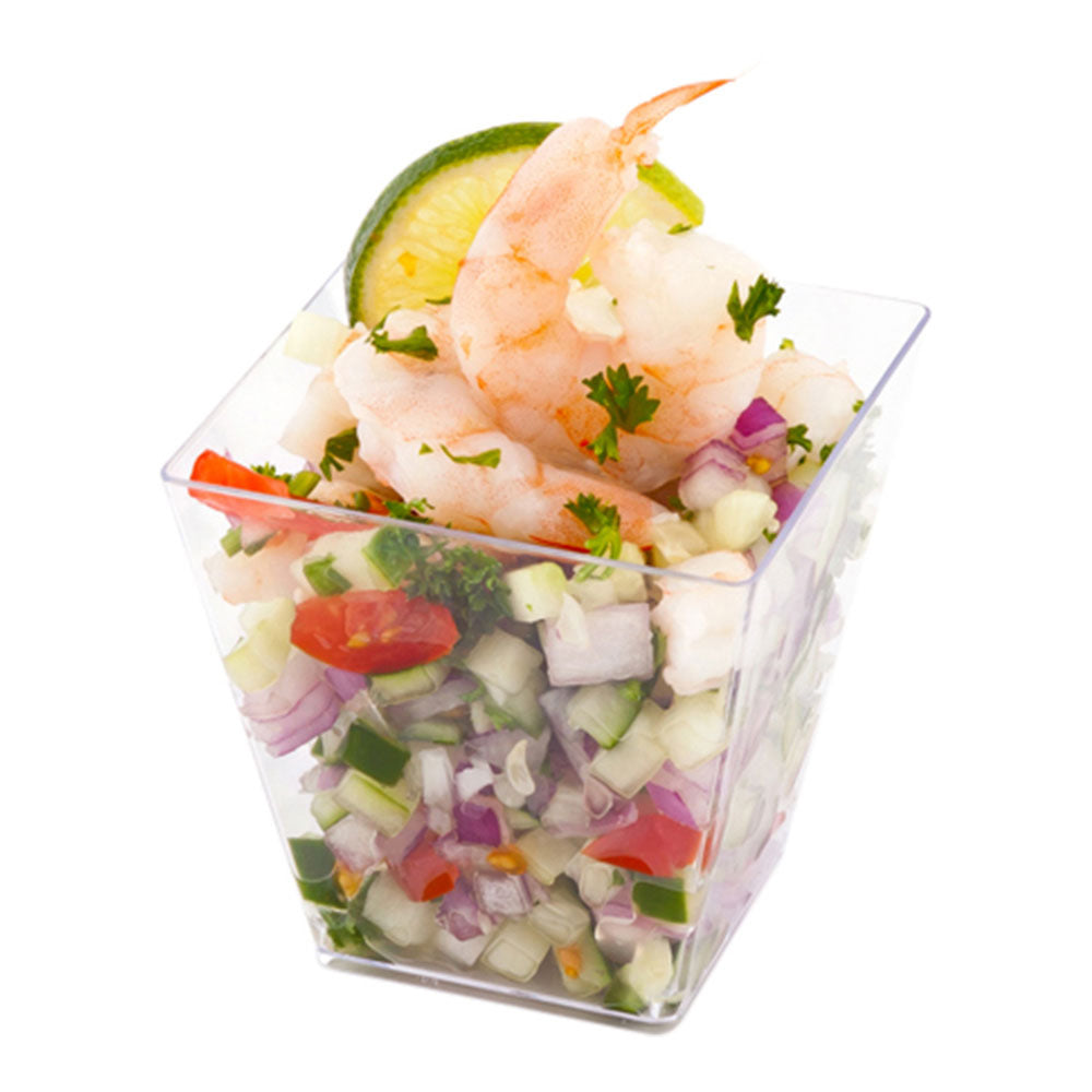 100 Pack 8 oz Square Clear Plastic Kova Cups with 100 Silver Mini Forks - Perfect for Parties, Weddings, and Catering Events