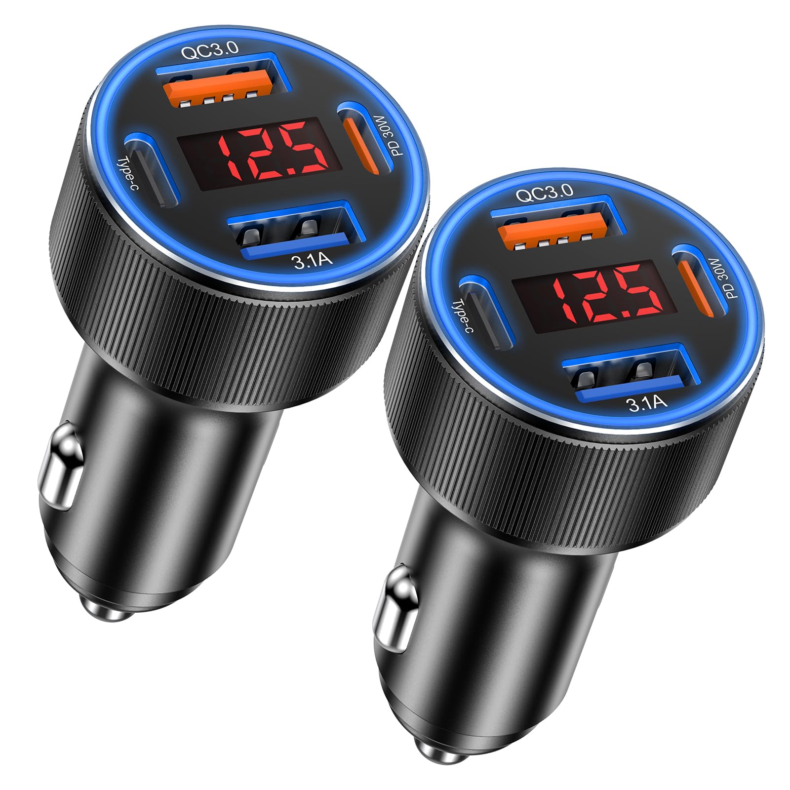 Besgoods 4-Port USB C Car Charger with Voltmeter - PD/QC 3.0 Fast Charging Adapter for iPhone 16/15/14/13/12, Galaxy S24/S23/A54/A15 & Android Devices - Perfect for Road Trips, Commuting & Dash Cams (2-Pack)