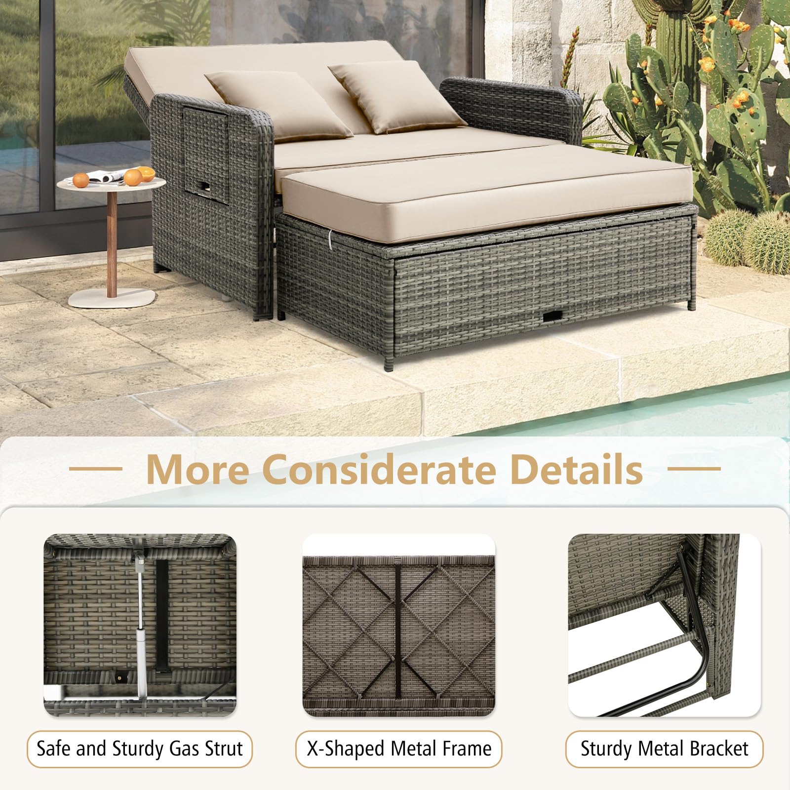 Tangkula Patio Rattan Daybed Set with Adjustable Backrest - Wicker Loveseat Sofa, Ottoman & Retractable Side Tray - Outdoor Furniture with Storage Footstool & Cushions - Perfect for Poolside, Garden or Patio Relaxation