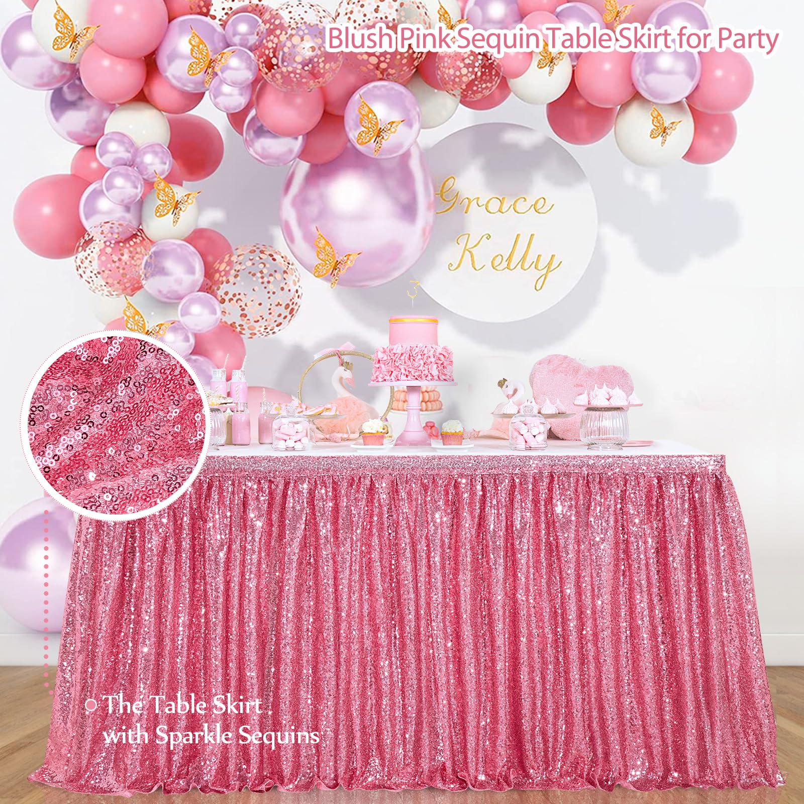Blush Pink Sequin Table Skirt - 6ft Rectangle Party Table Cover with Sparkle for Baby Showers, Birthdays & Special Events | Elegant Table Decor for Weddings, Quinceañeras & Holiday Celebrations