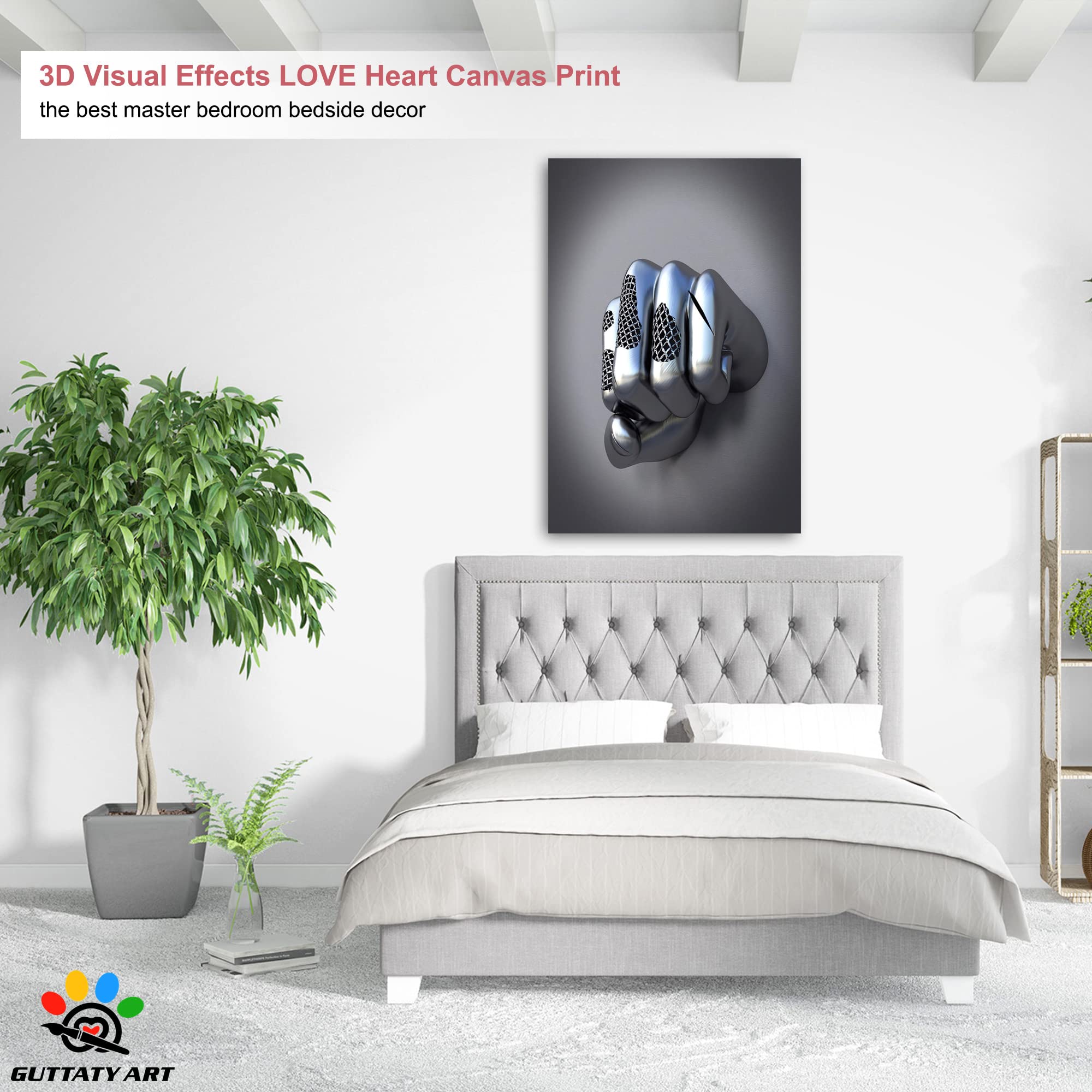 3D Metal Effect Fist Canvas Wall Art - Modern Silver Framed Wall Decor for Living Room & Bedroom - Valentine's Day Gift for Men - 32x48 Inches - Perfect for Home Office, Man Cave, and Modern Interior Design