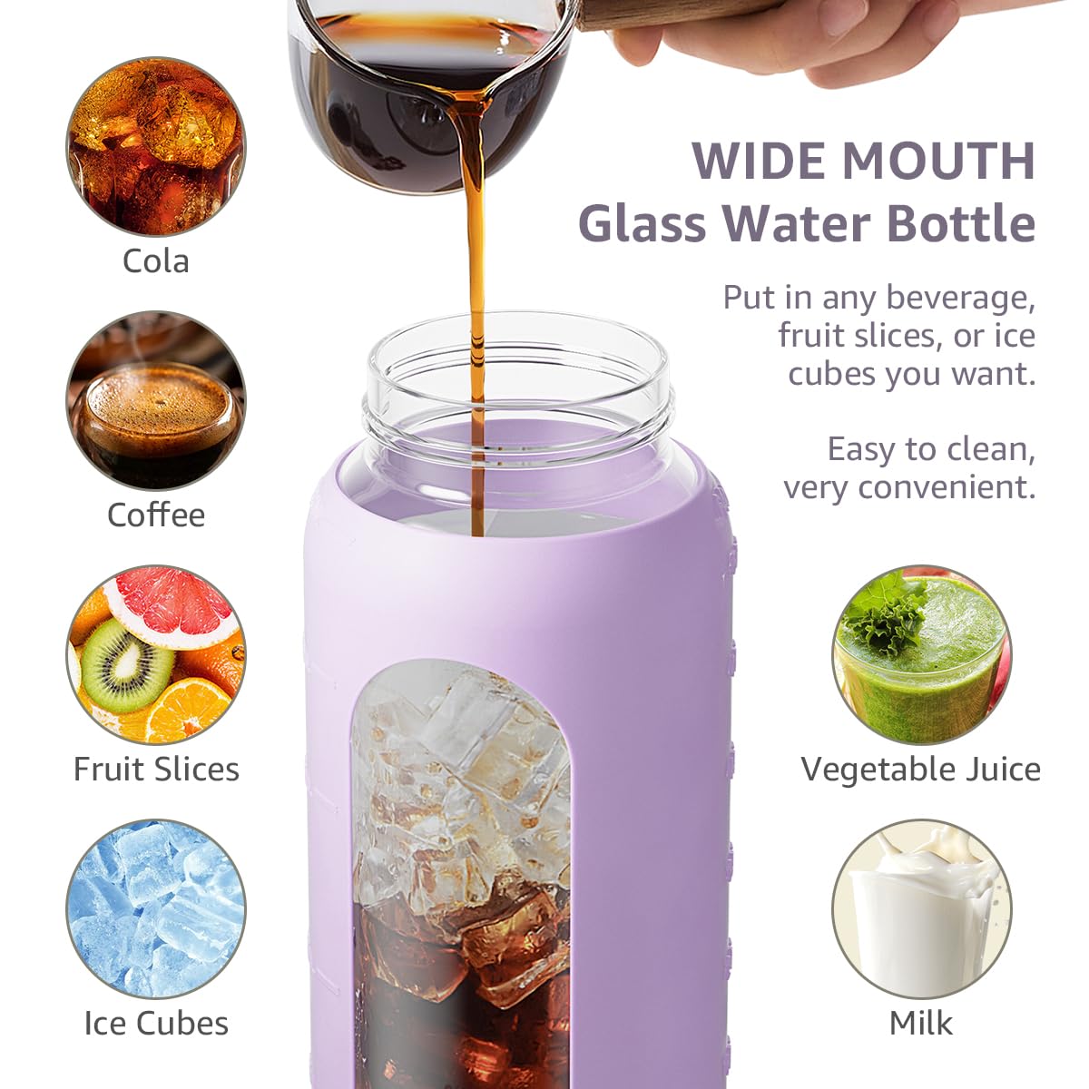 64Oz Glass Water Bottle with Straw Lid & Handle - Half Gallon Motivational Water Bottle with Time Marker, Silicone Sleeve & Strap - Large Sport Water Jug for Gym, Hiking, Office & Outdoor Activities (Purple)