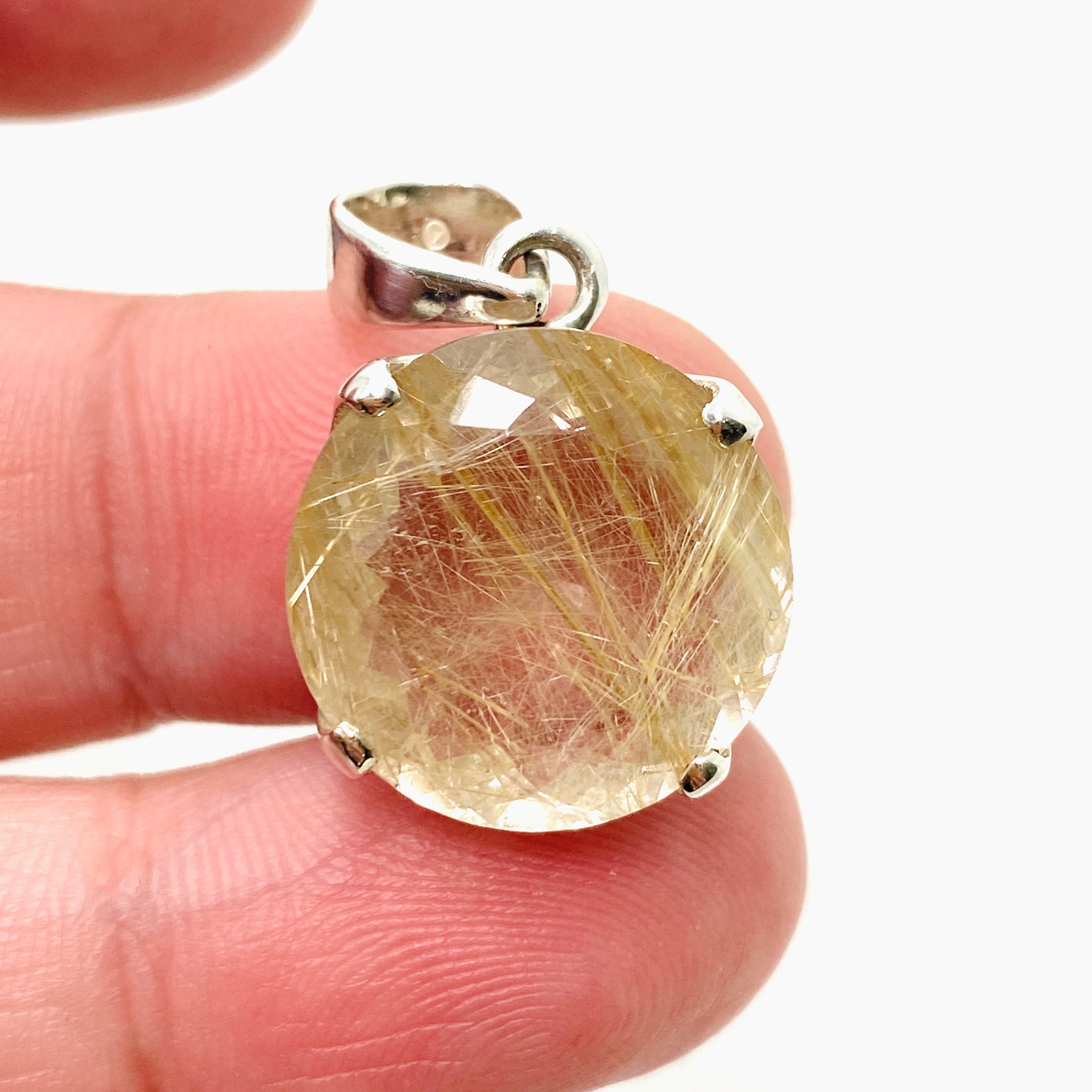 Natural Rutilated Quartz Round Faceted Pendant Necklace PPGJ840 - Elegant Jewelry for Women, Perfect for Everyday Wear & Special Occasions