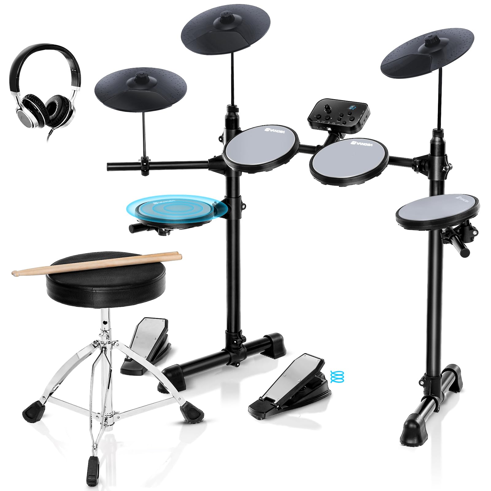 Vangoa 8-Piece Electronic Drum Set for Adults & Beginners - Quiet Drum Pads, 2 Cymbals, 150 Sounds, Headphone Jack & Lightweight Pedals - Perfect for Home Practice, Studio Recording & Music Learning (Gray)