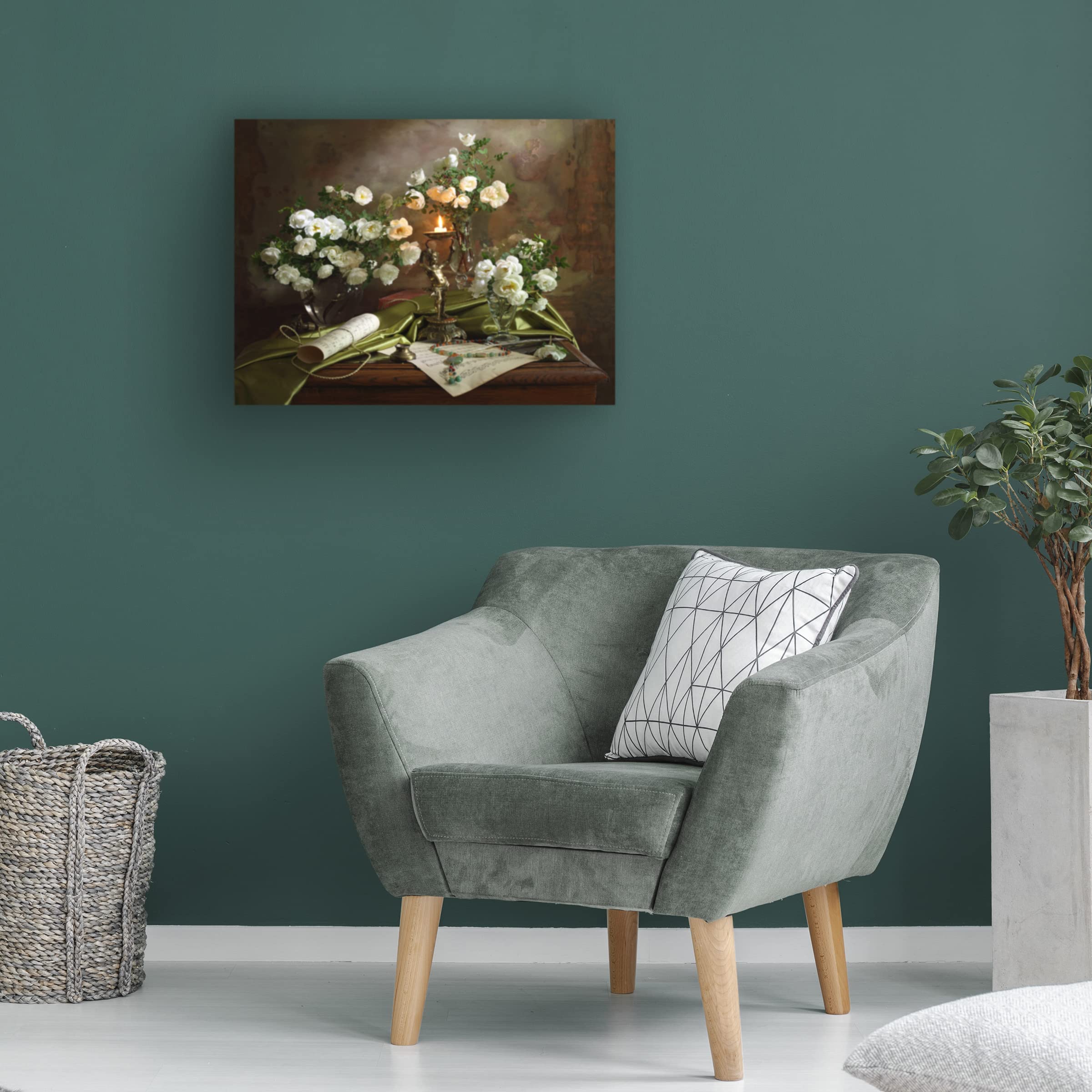 Trademark Fine Art 'Still Life With Roses And Candle' Canvas Wall Art Print by Andrey Morozov - Elegant Floral Oil Painting Reproduction for Living Room, Bedroom & Office Decor