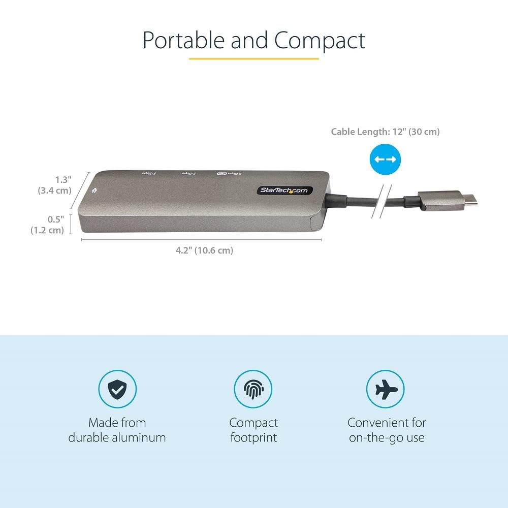 StarTech.com USB C Multiport Adapter - 4K 60Hz HDMI 2.0b with HDR10, 100W PD Charging, 4-Port USB 3.0 Hub - Compact USB-C Dock for MacBook Pro/Air, Dell XPS, Surface Pro - Ideal for Home Office, Gaming & 4K Video Streaming