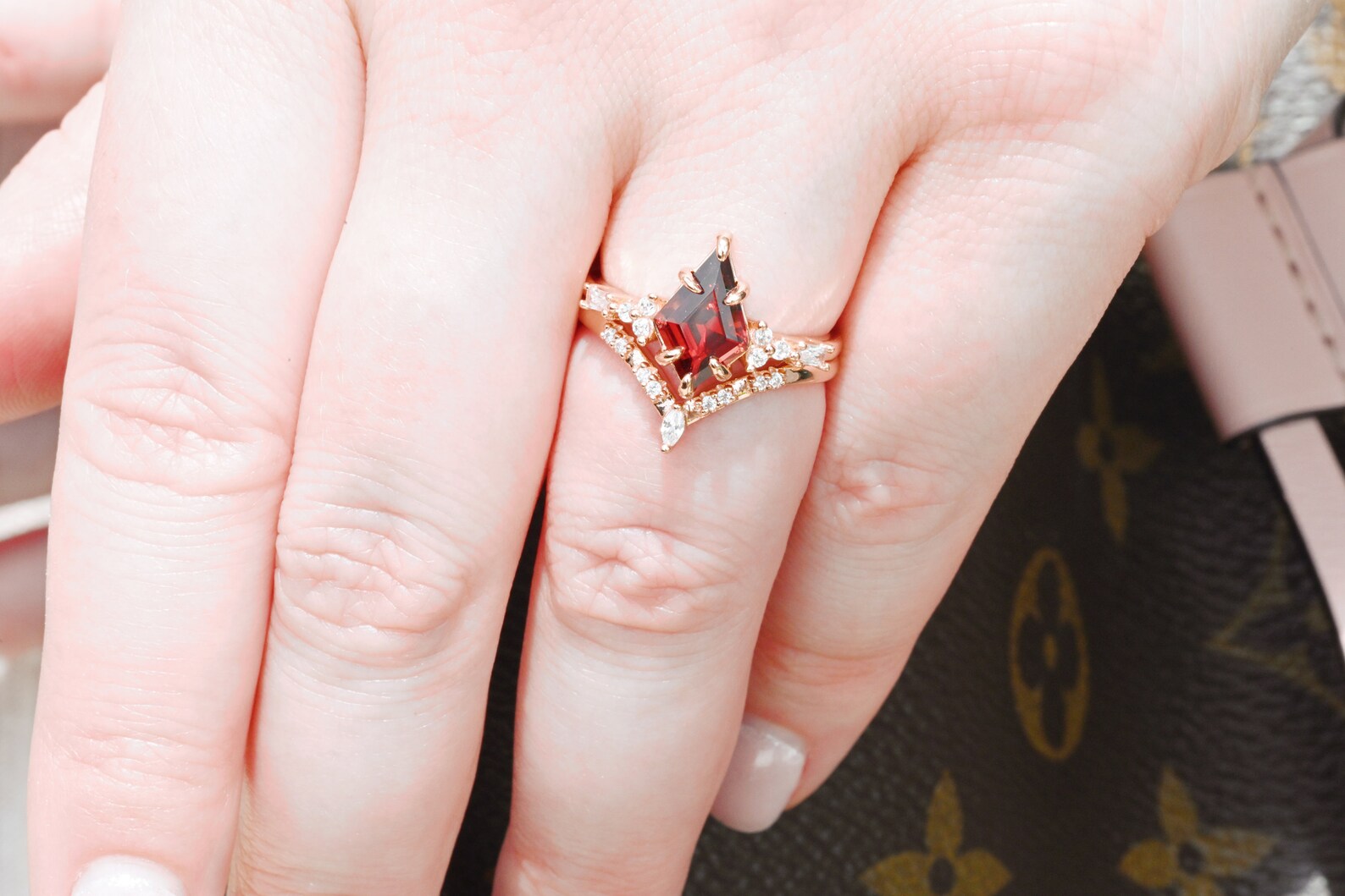 14K Rose Gold Vermeil Red Garnet Engagement Ring Set - Elegant Wedding & Promise Jewelry for Women