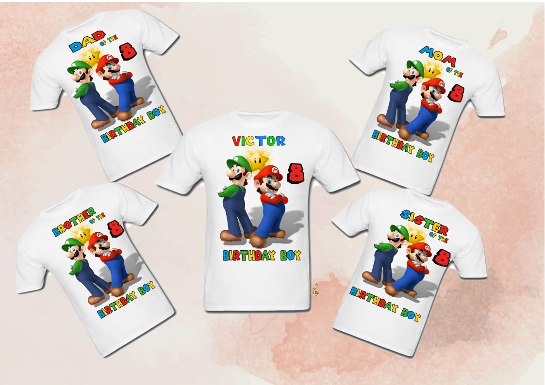 Custom Mario Birthday T-Shirt for Kids - Personalized Name & Age (5T) | Family Matching Mario Shirts for Boys & Girls | Perfect for Birthday Parties, Family Events & Mario-Themed Celebrations