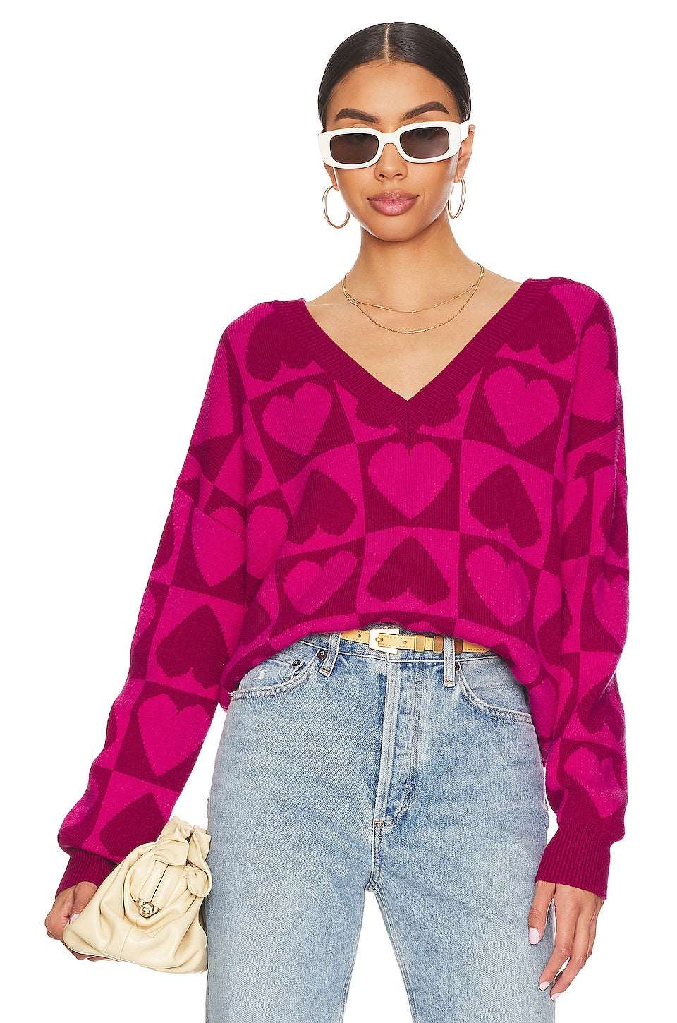 Beach Riot Women's Joey V-Neck Sweater - Sweetheart Pink & Red | Cozy Knit Pullover for Casual Wear, Date Night & Fall Layering