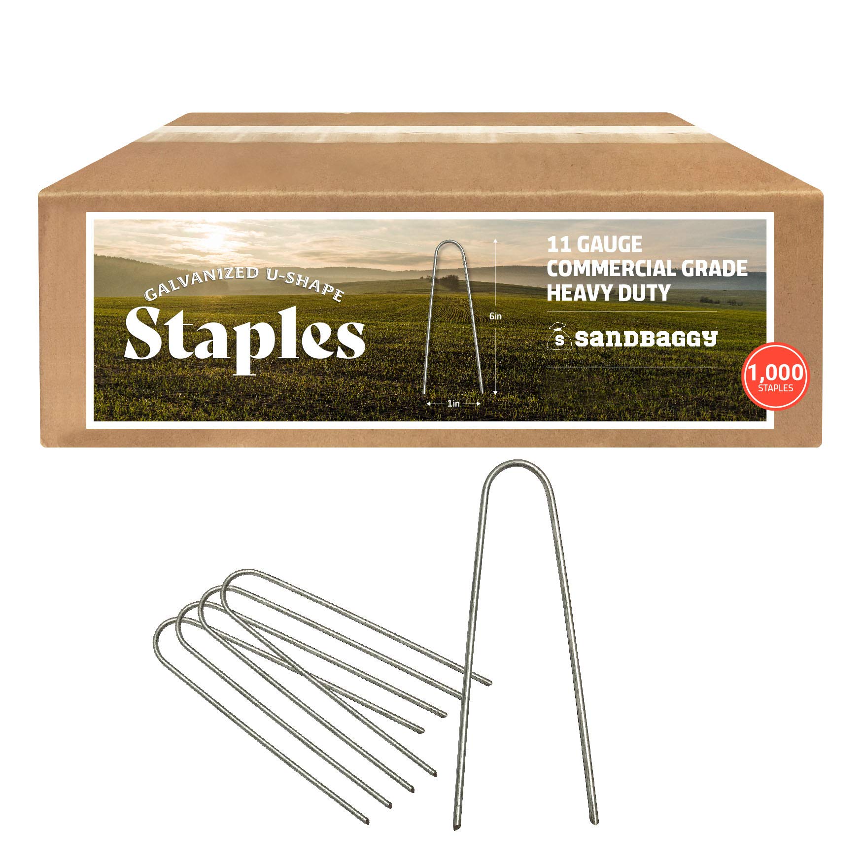 Sandbaggy 6-Inch Galvanized Round Top Landscape Staples - Heavy Duty Garden Stakes for Drip Irrigation Tubing & PVC Piping (Pack of 1,000) | Ideal for Lawn Care, Farming, and Professional Landscaping Projects