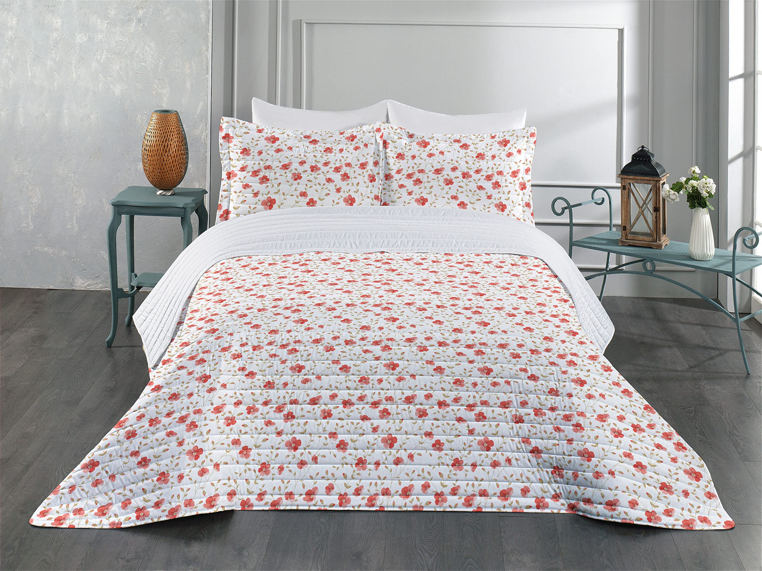 Ambesonne Vintage Peony Microfiber Bedspread Set - King Size Dark Coral Floral Comforter with Pillow Shams | Soft Summer Garden Inspired Bedding for Master Bedroom Decor | Perfect for Guest Rooms & Cozy Home Styling
