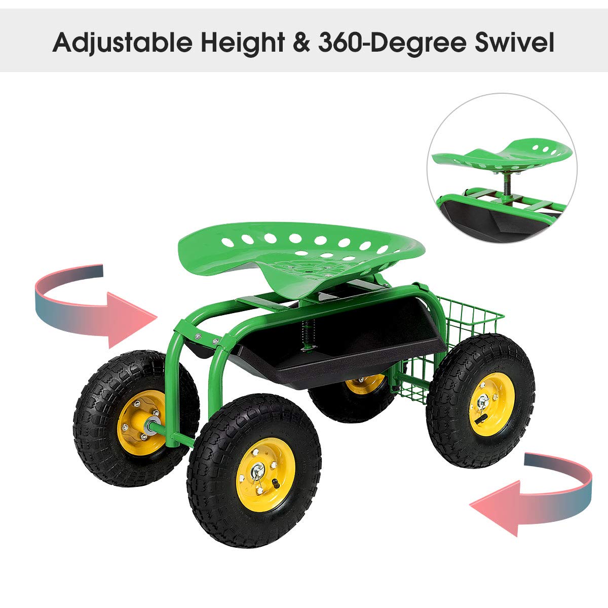 Heavy Duty Garden Cart with Adjustable Swivel Seat - Rolling Work Seat for Planting, Gardening, and Yard Work - Includes Tool Tray & Storage Basket - Perfect for Landscaping, Farm Work, and Outdoor Projects