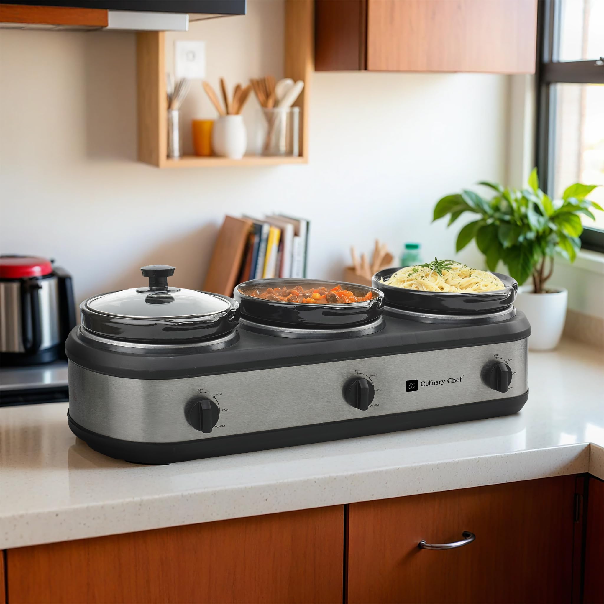 SC3105-SS 3-Pot Stainless Steel Slow Cooker & Buffet Server - Keep Food Warm for Parties, Catering & Family Gatherings