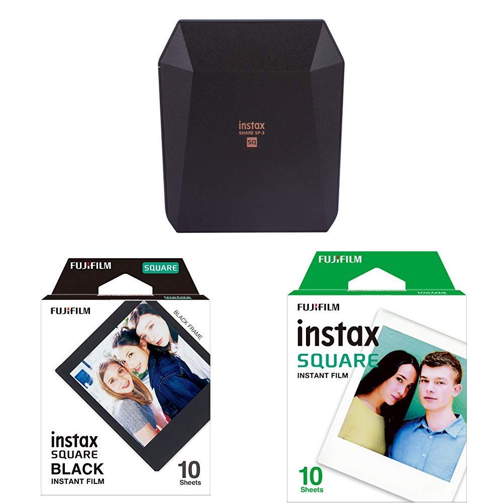 Fujifilm Instax SHARE SP-3 Smartphone Printer (Black) with 10-Pack Instax SQUARE Film - White & Black Borders | Instant Photo Printing for Travel, Parties, and Memories