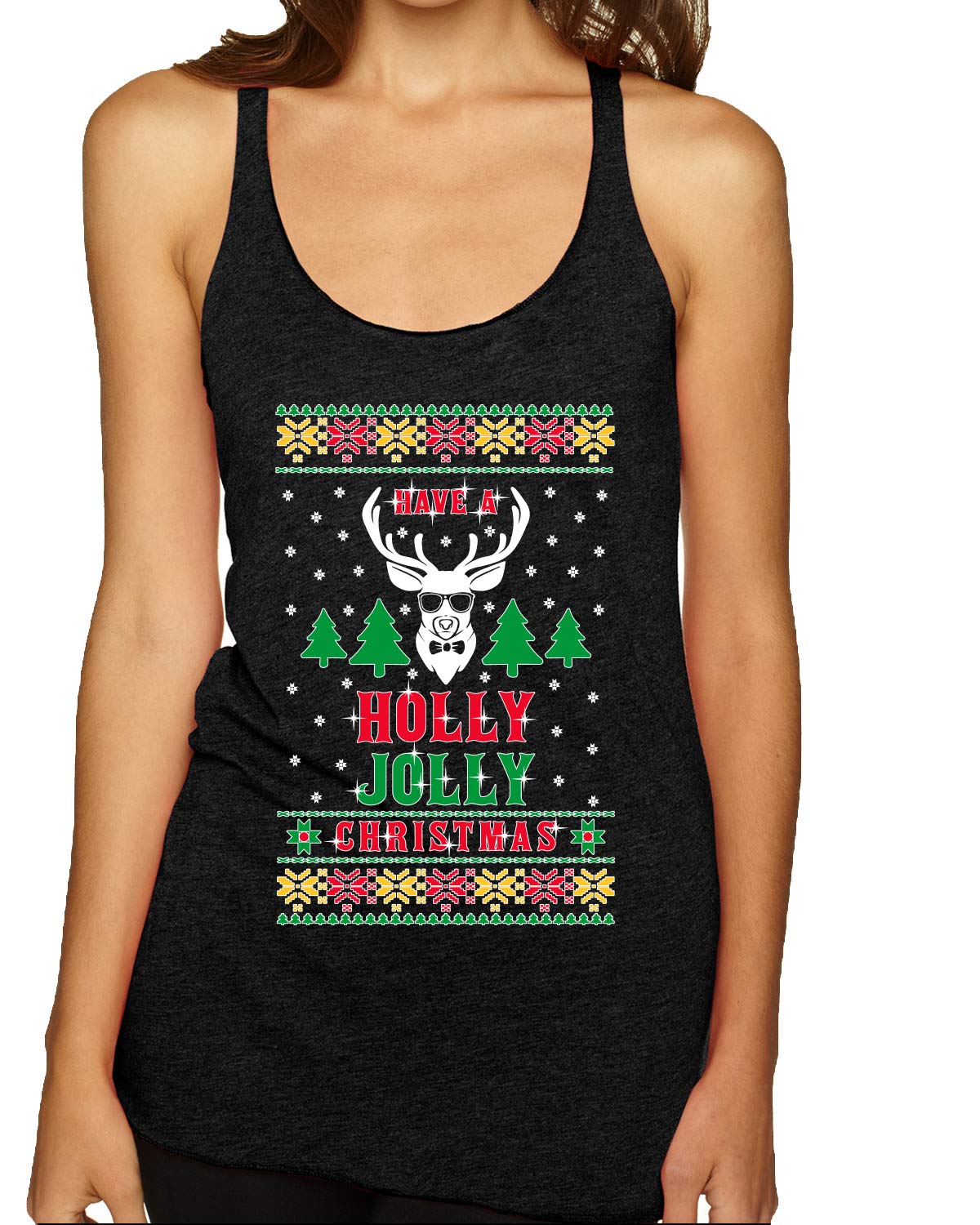 Ugly Christmas Sweater Tri-Blend Racerback Tank Top - Festive Holiday Party Outfit for Women - Perfect for Christmas Parties & Family Gatherings