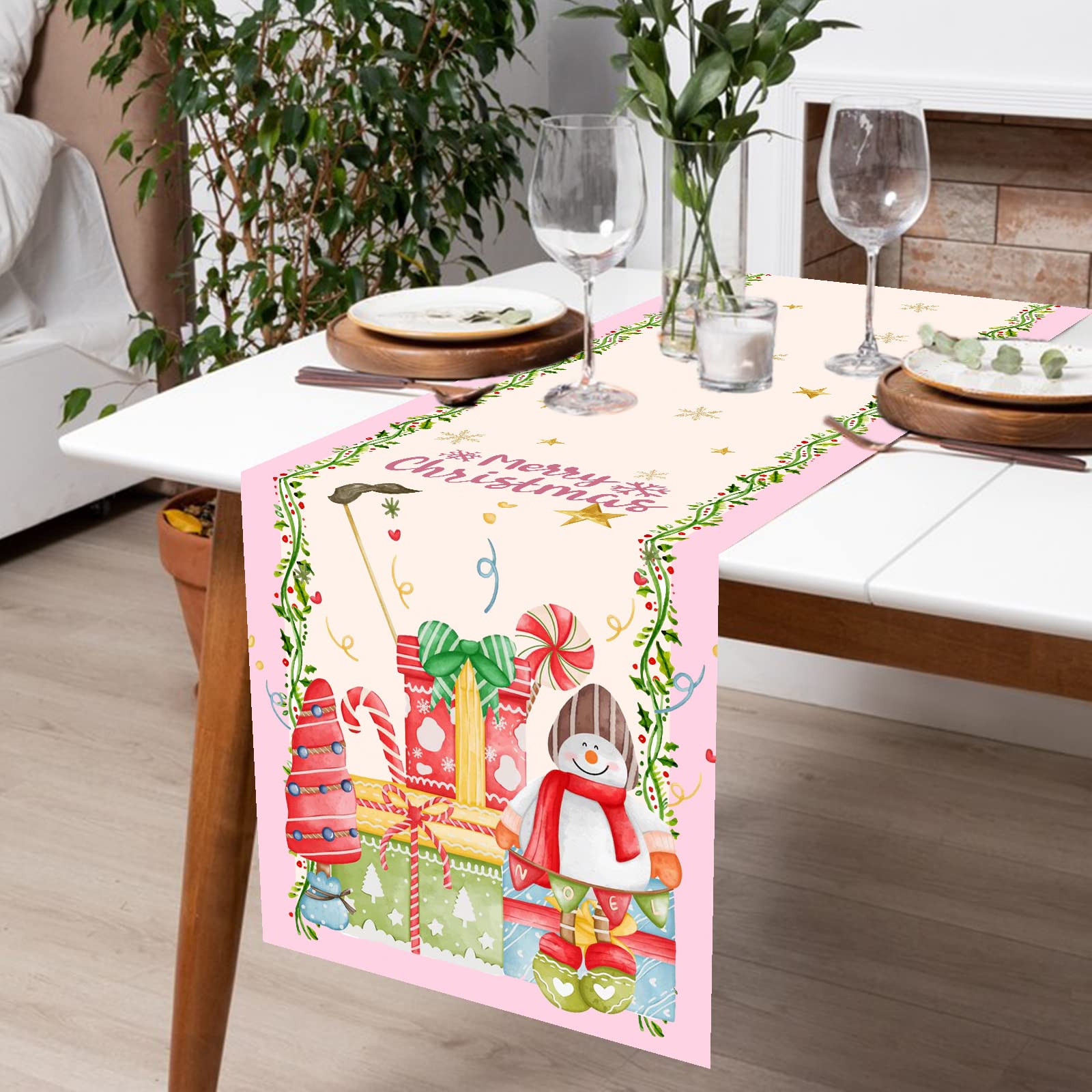 Pink Christmas Table Runner with Flamingo & Snowman Design - Snowflake & Xmas Tree Holiday Table Decor for Farmhouse Kitchen, Dining & Coffee Table - 13x72 Inch Winter Party Decoration for Seasonal Home Decor