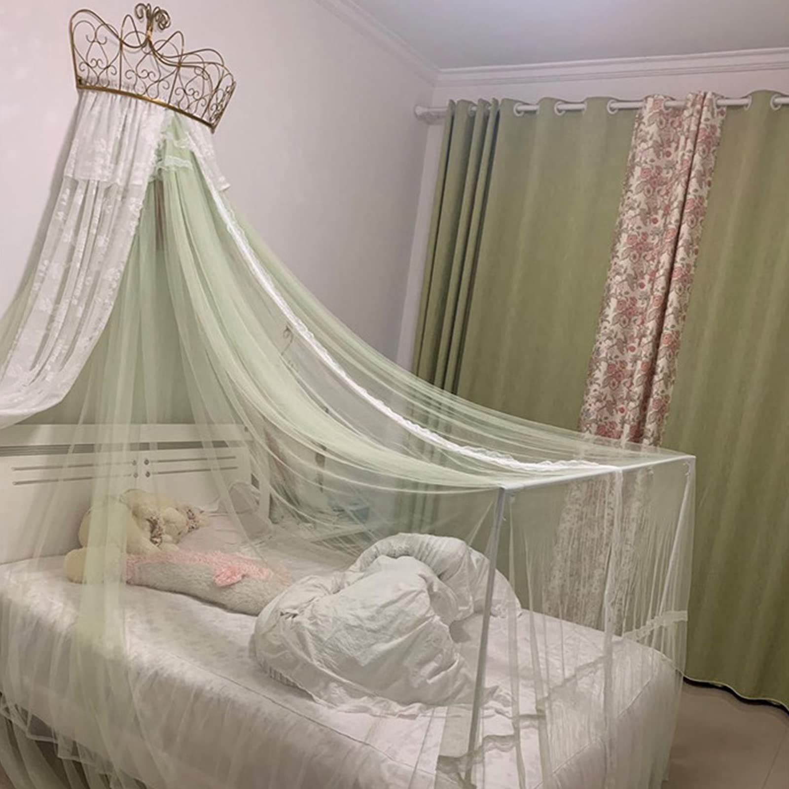 DSHOME Golden Crown Lace Princess Bed Canopy with Lights - Romantic Double Layer Lace Curtain for Girls Bedroom (Pink, 4ft/5ft) - Perfect for Birthday Decorations, Fairy Tale Bedroom Themes & Sleepover Parties