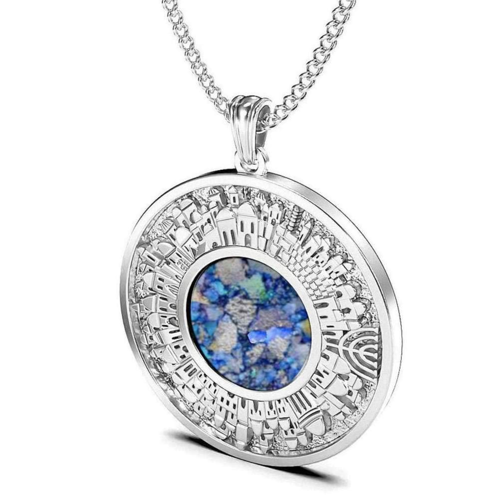 925 Sterling Silver Roman Glass Jerusalem Pendant Necklace - Authentic Jewish Jewelry for Men & Women - Perfect for Hanukkah Gifts, Bar Mitzvah & Religious Occasions