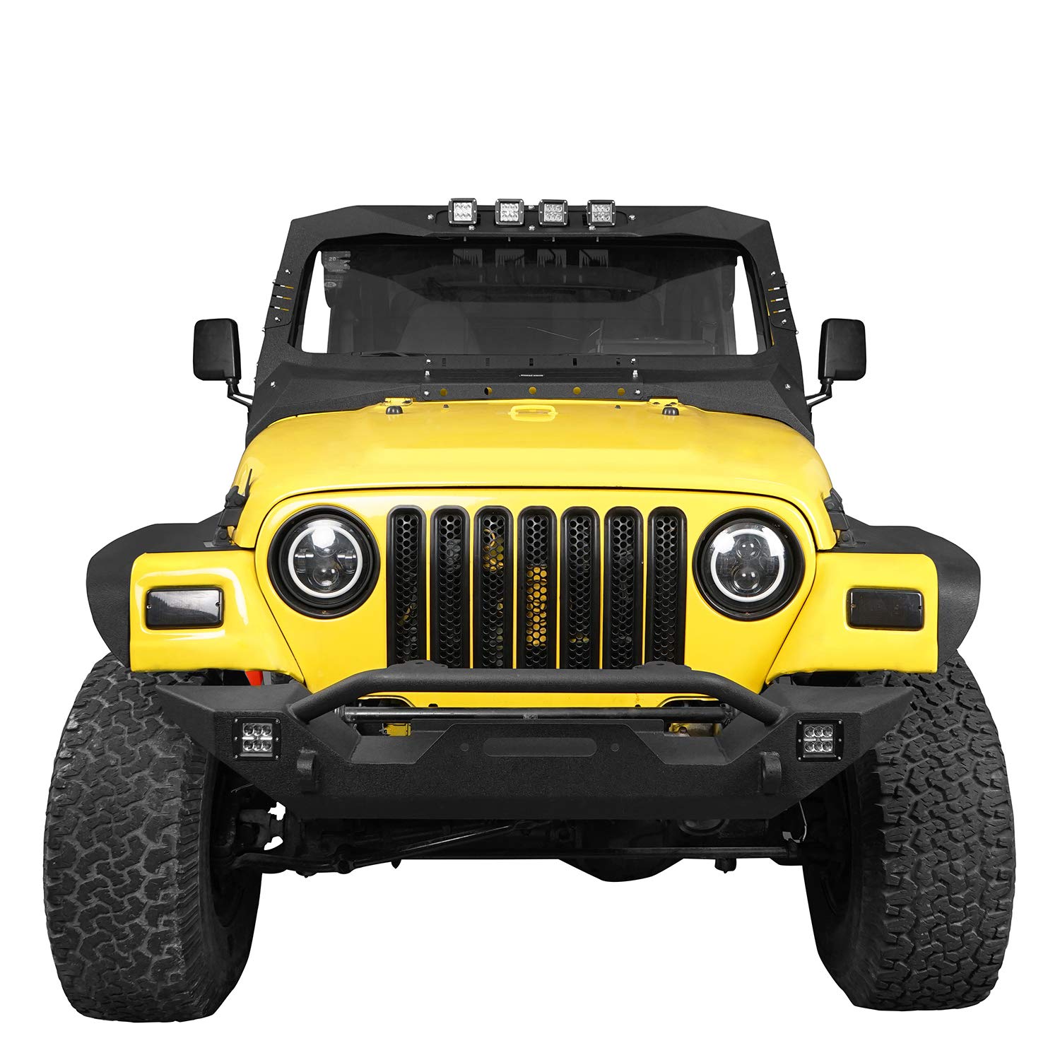 Hooke Road Wrangler TJ Windshield Frame Cover with 4 LED Lights - Sun Visor & Cowl Shade Body Armor for 1997-2006 Jeep Wrangler TJ - Perfect for Off-Roading, Camping & Sun Protection