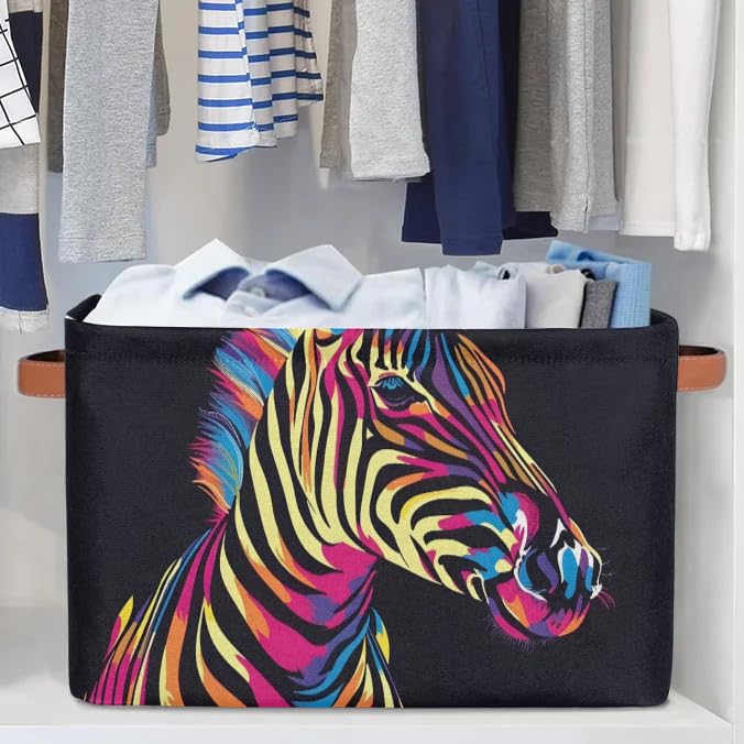 Large Zebra Print Storage Baskets with Handles - 2 Pack Fabric Closet Organizers for Shelves, Collapsible Decorative Bins for Home Organization | Perfect for Clothes, Toys & Bedroom Storage