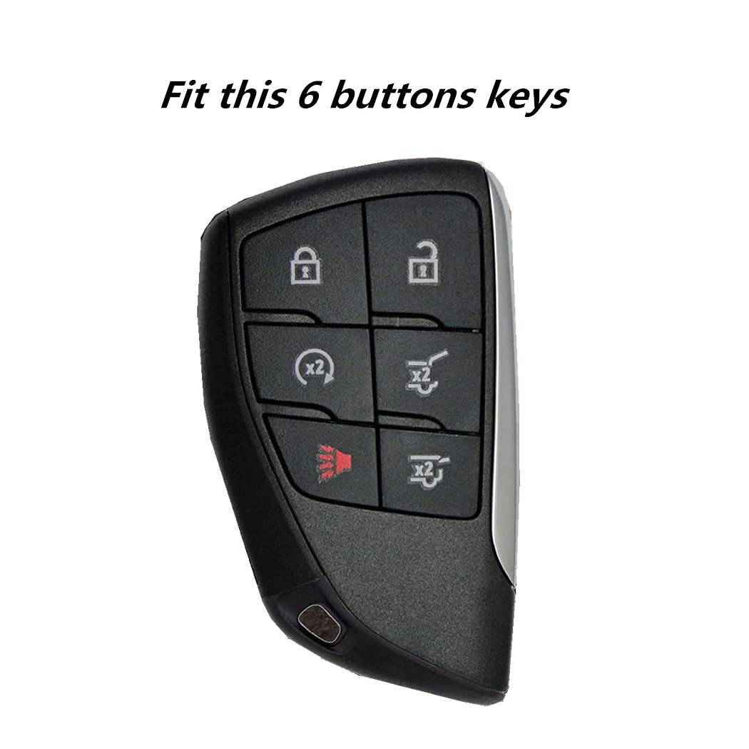 2021 Chevrolet Suburban Tahoe Black Leather Smart Key Fob Cover - 6 Buttons Remote Key Case Holder with Chain - Perfect for Key Protection & Easy Access