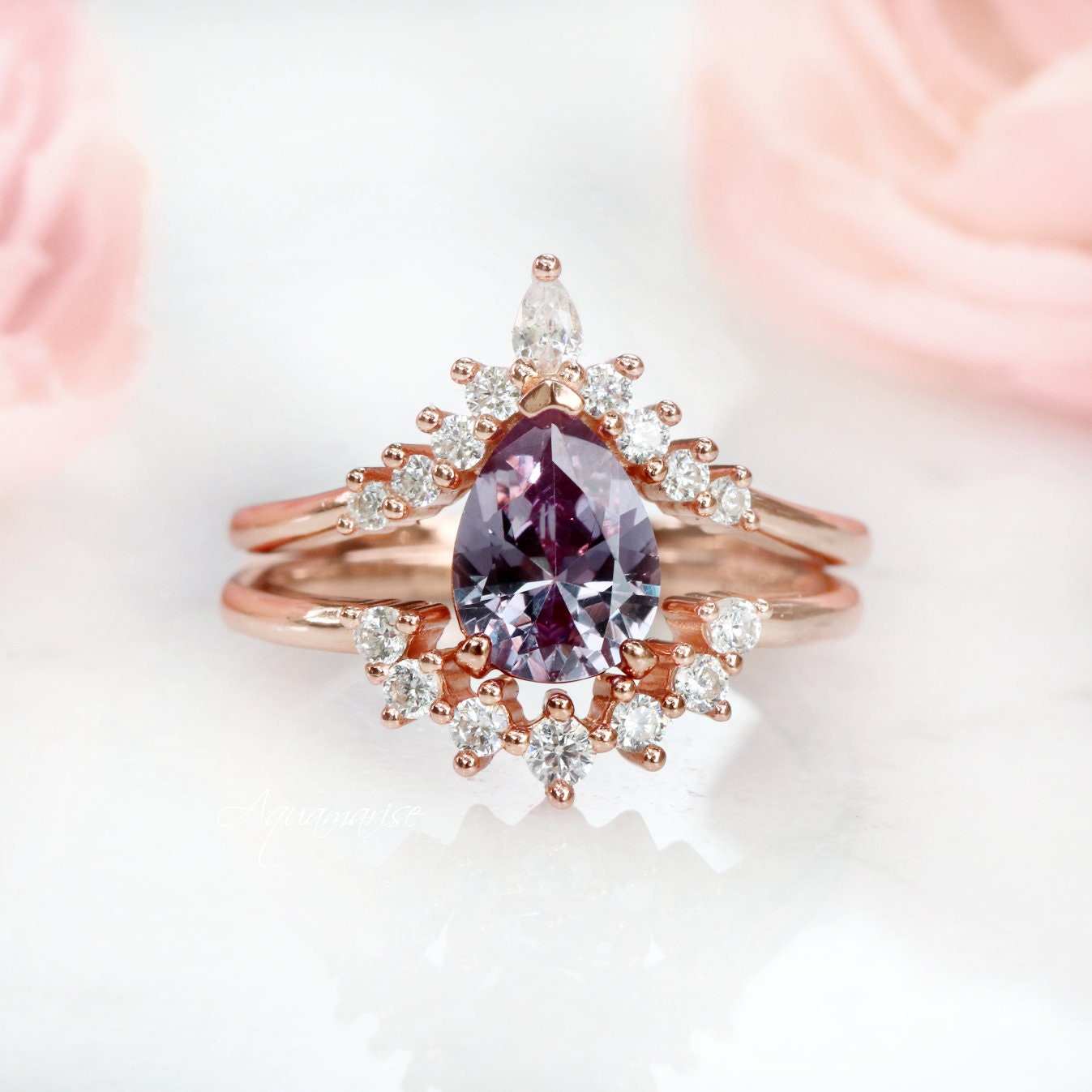 14K Rose Gold Vermeil Alexandrite Ring Set for Women | Elegant Birthstone Jewelry Gift for Anniversary, Engagement & Special Occasions