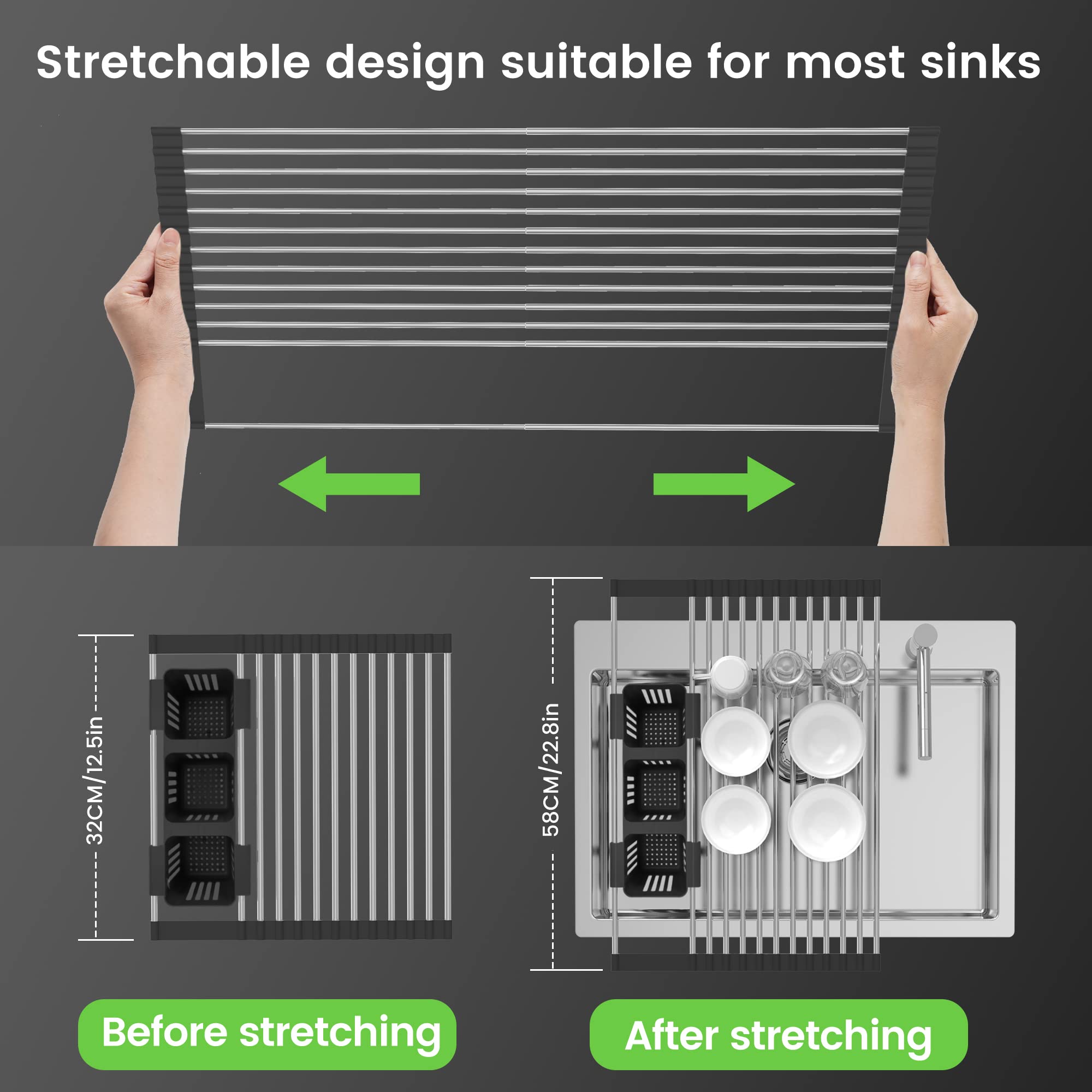 BBXTYLY Expandable Roll Up Dish Drying Rack - 22.8 Inch Over The Sink Kitchen Drainer with 2 Storage Baskets | Foldable & Rollable Design for Dishes, Cups, Utensils | Perfect for Small Kitchens, Apartments & RV Use