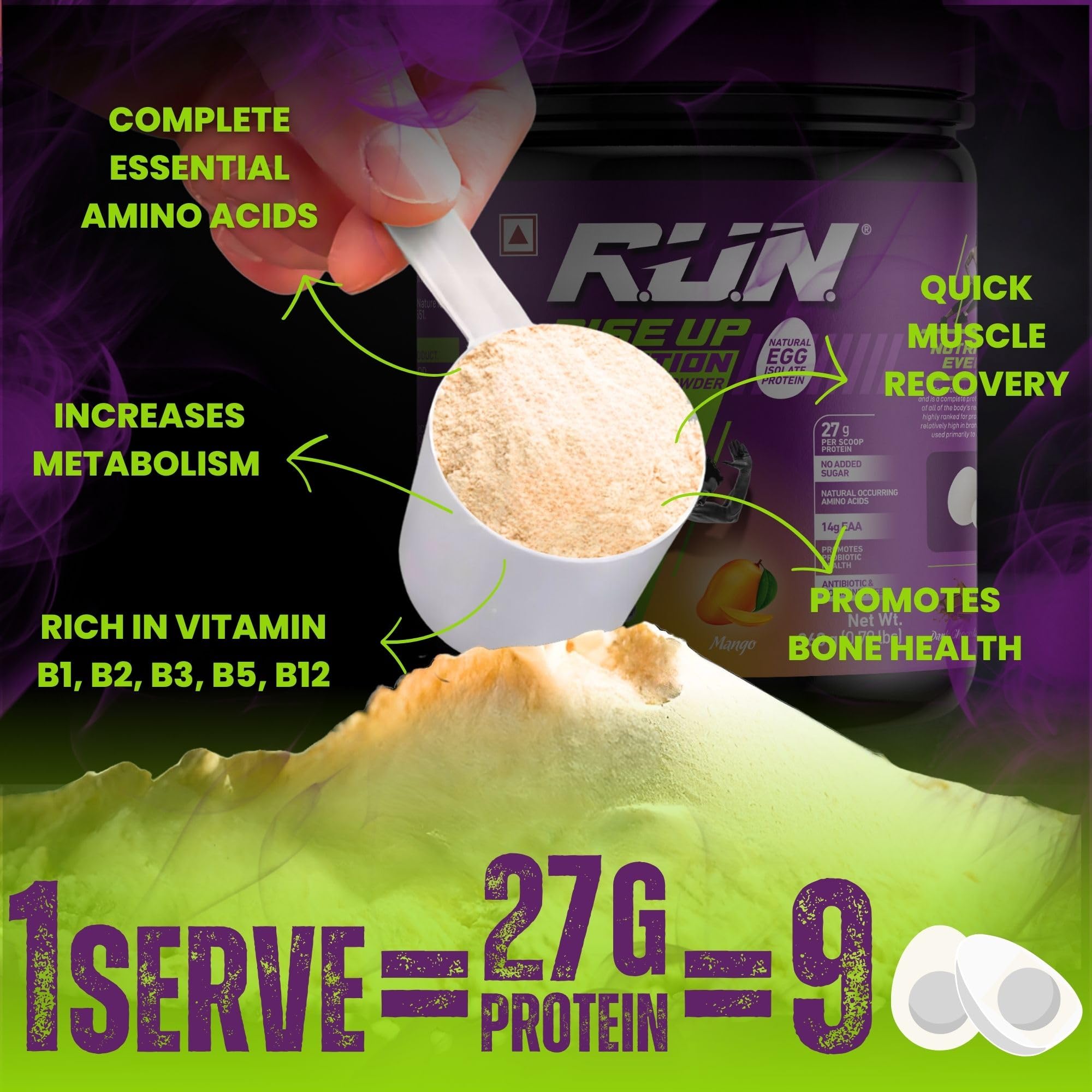R.U.N-RISE UP NUTRITION Egg White Protein Powder for Athletes & Fitness - 27g Protein, 14g EAA, Lactose/Soy/Gluten Free - Supports Immunity & Muscle Recovery - Mango Flavor 1kg - Perfect for Post-Workout Shakes, Smoothies & Baking