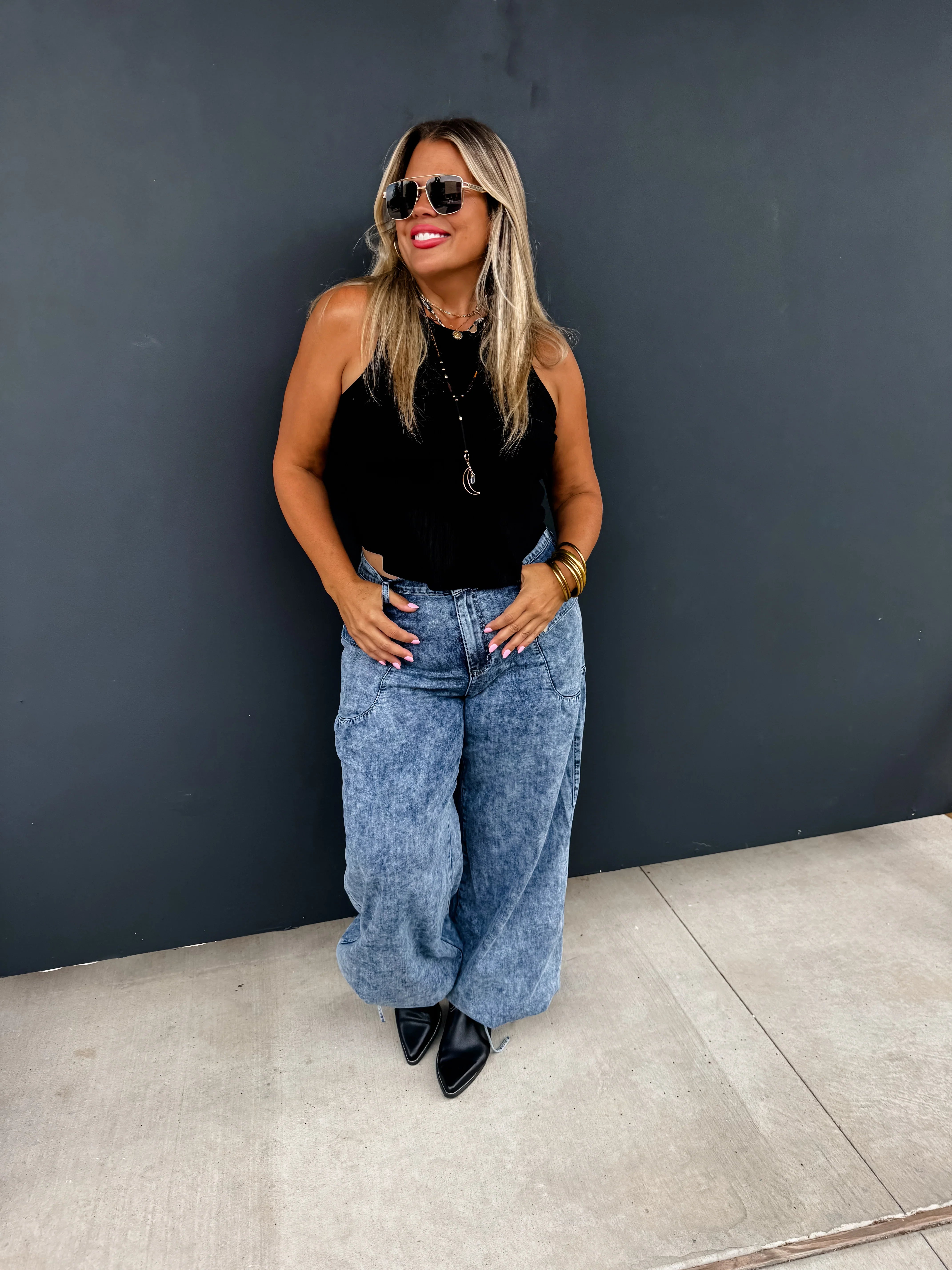 PREORDER: Charlie Cinch Hem Wide Leg Jeans - High Waist Stretch Denim Pants for Women | Casual & Chic Outfit for Everyday Wear
