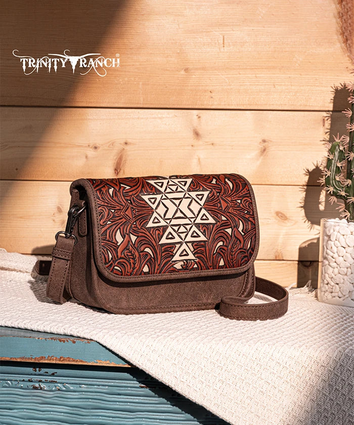 Trinity Ranch Aztec Tooled Leather Crossbody Purse for Women - Stylish Boho Handbag for Everyday Use, Travel & Casual Outings