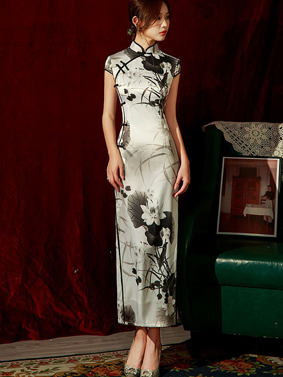 2023 Elegant Lotus Print Maxi Cheongsam Qi Pao Dress - Vintage Chinese Traditional Floral Long Dress for Women | Perfect for Weddings, Parties, and Cultural Events