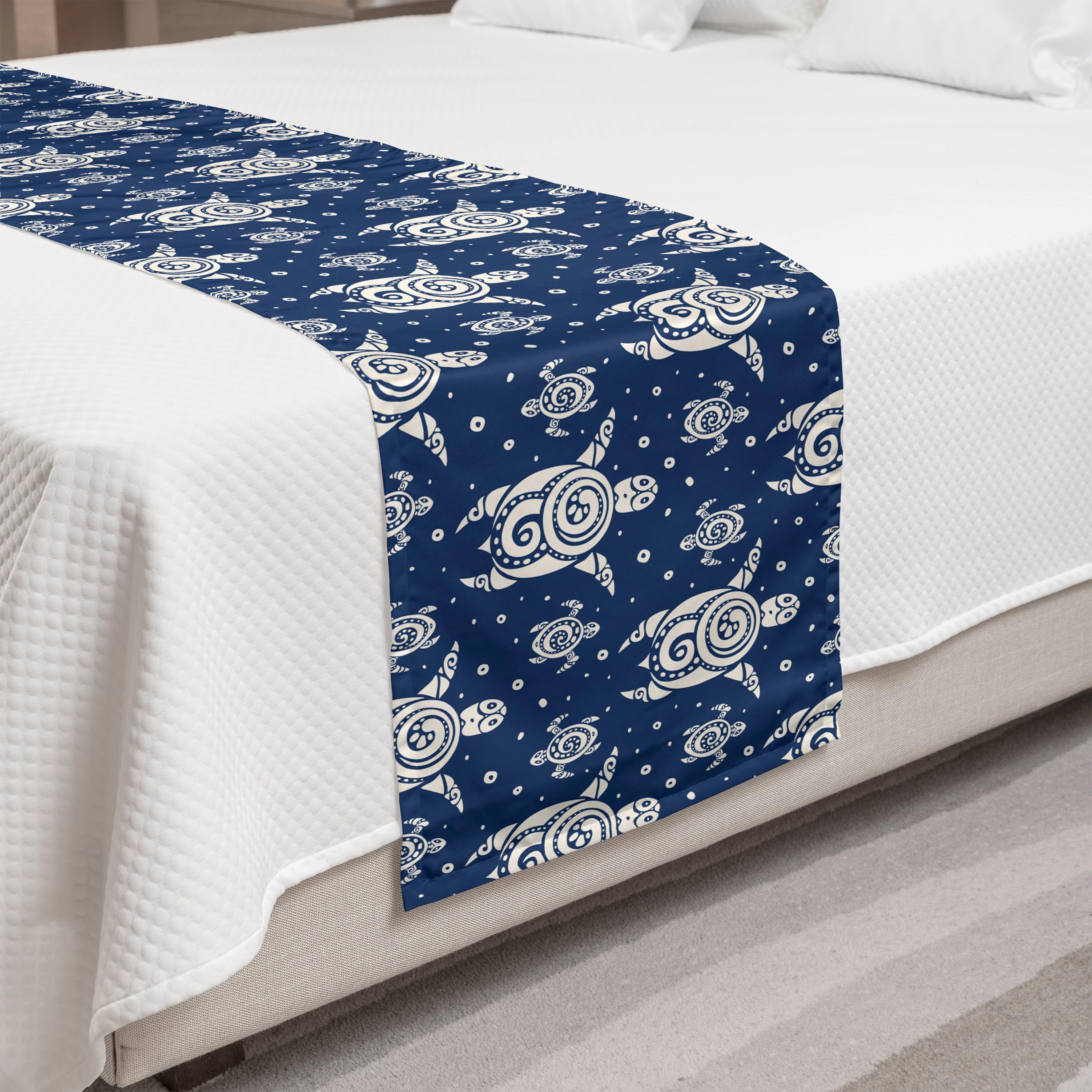 Ambesonne Turtle Bed Runner - Abstract Caretta Caretta & Tiny Bubbles Design - Decorative Bed Scarf for Queen/King Beds - Night Blue & Ivory - Perfect for Hotels, Homes & Guestroom Decor