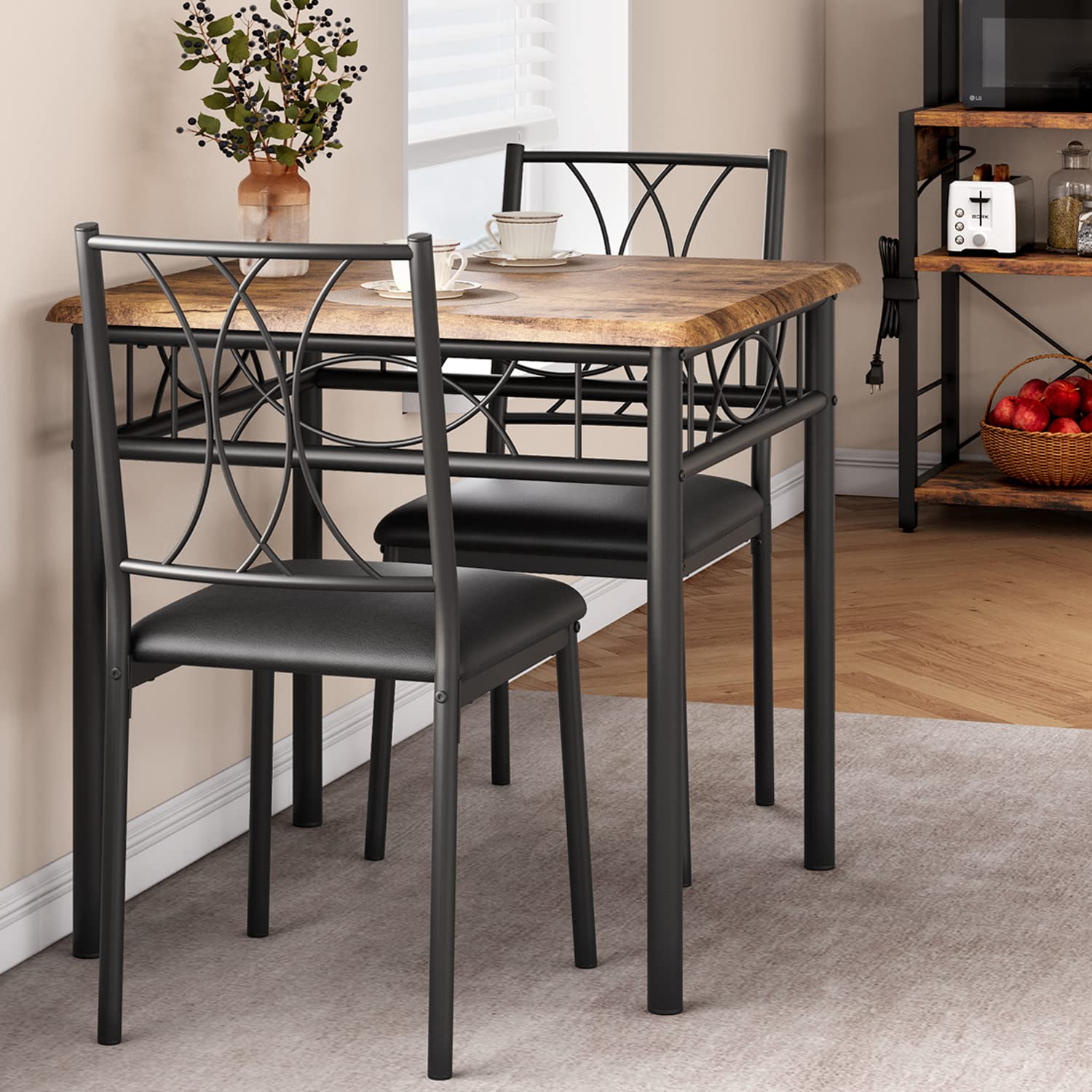 CABIHOME 3-Piece Square Dining Table Set for 2 with 2 Upholstered Chairs - Retro Brown Kitchen Table for Small Spaces, Apartments & Dining Rooms | Perfect for Breakfast Nooks, Studio Apartments & Cozy Dining Areas