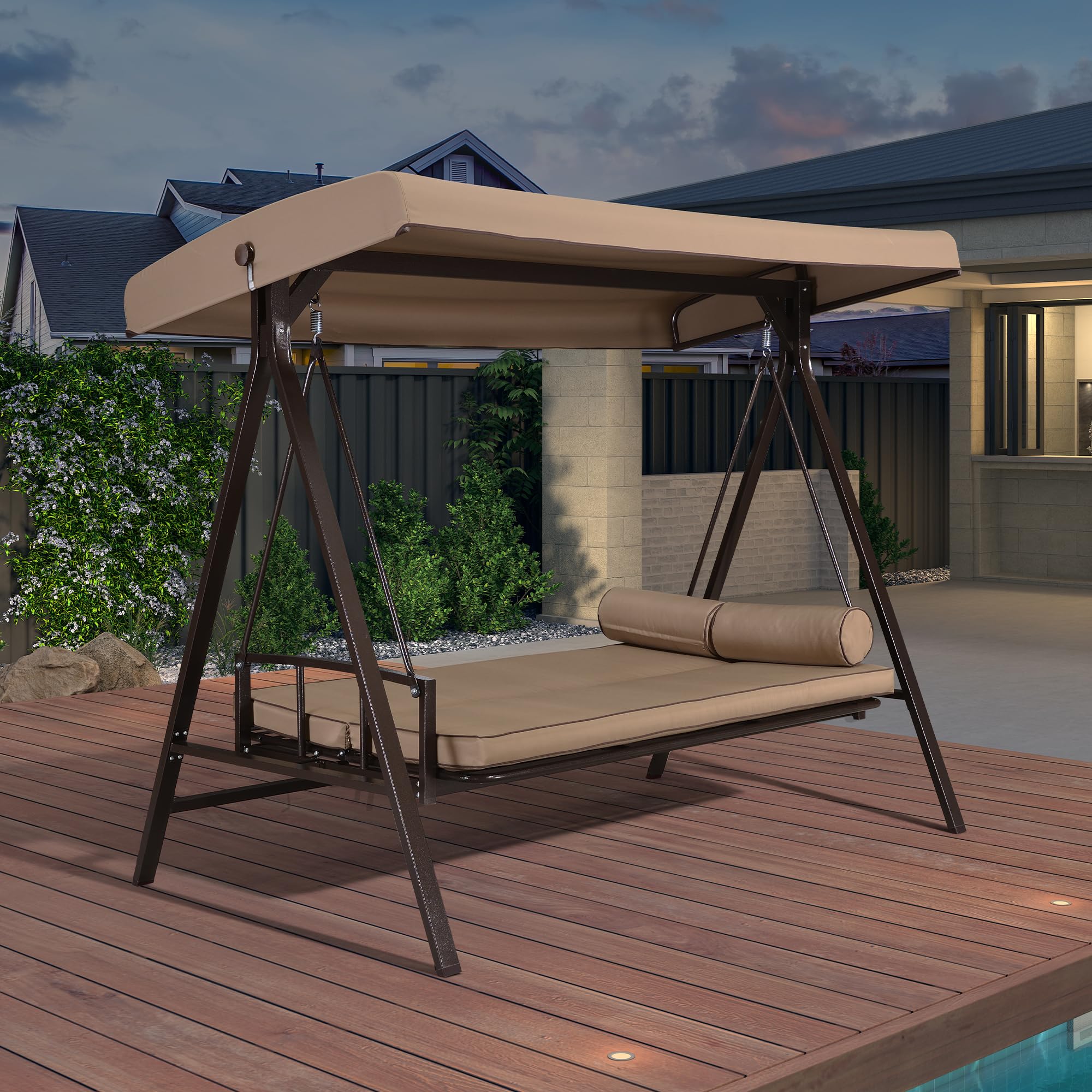 PURPLE LEAF 3-Seater Outdoor Patio Swing Chair with Adjustable Backrest - Weather-Resistant Steel Frame for Backyard, Porch or Garden - Includes Cushions & Pillows (Beige) - Perfect for Relaxing, Lounging & Outdoor Entertaining
