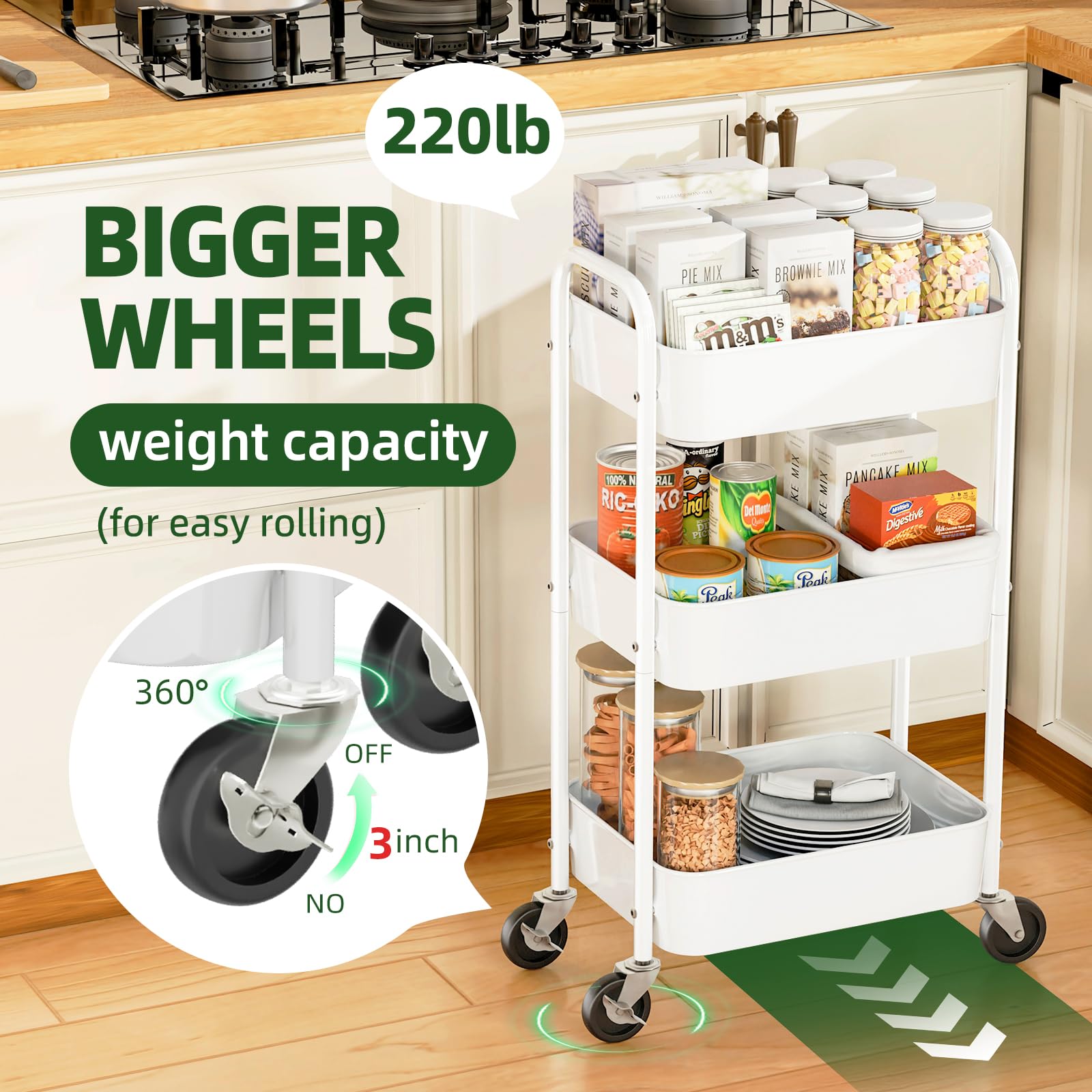 3-Tier Rolling Metal Cart with Wheels - Heavy Duty Kitchen Storage Organizer for Books, Snacks & Tools - White - Perfect for Small Spaces, Dorm Rooms & Office Organization