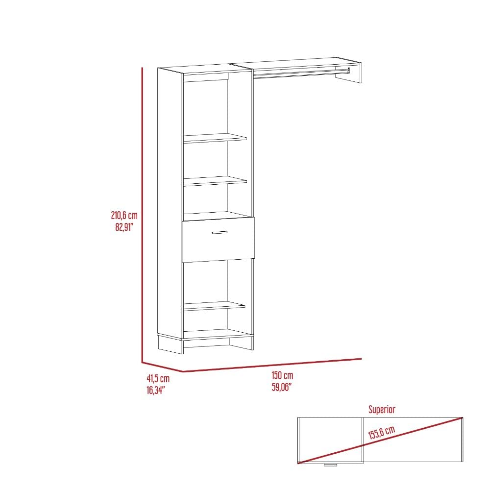 Dynamic 150 Closet Organizer System with 5 Open Shelves, 1 Drawer & Metal Clothes Rod - Black - Perfect for Bedroom, Walk-in Closet or Small Space Organization