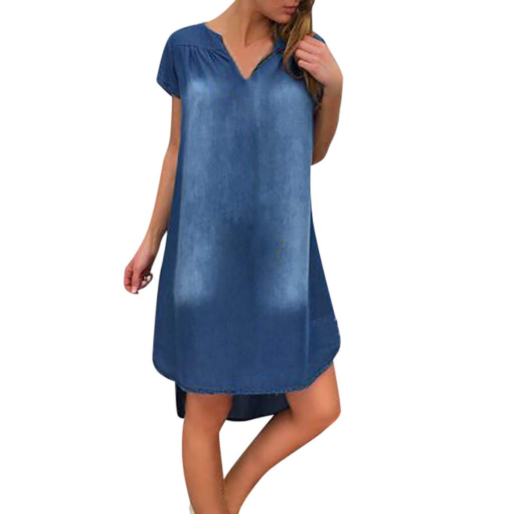 Kecar Women's Summer Casual Denim Swing Dress - V Neck, Short Sleeve, Long Party Dress for Outdoor Events, Date Night & Beach Vacations
