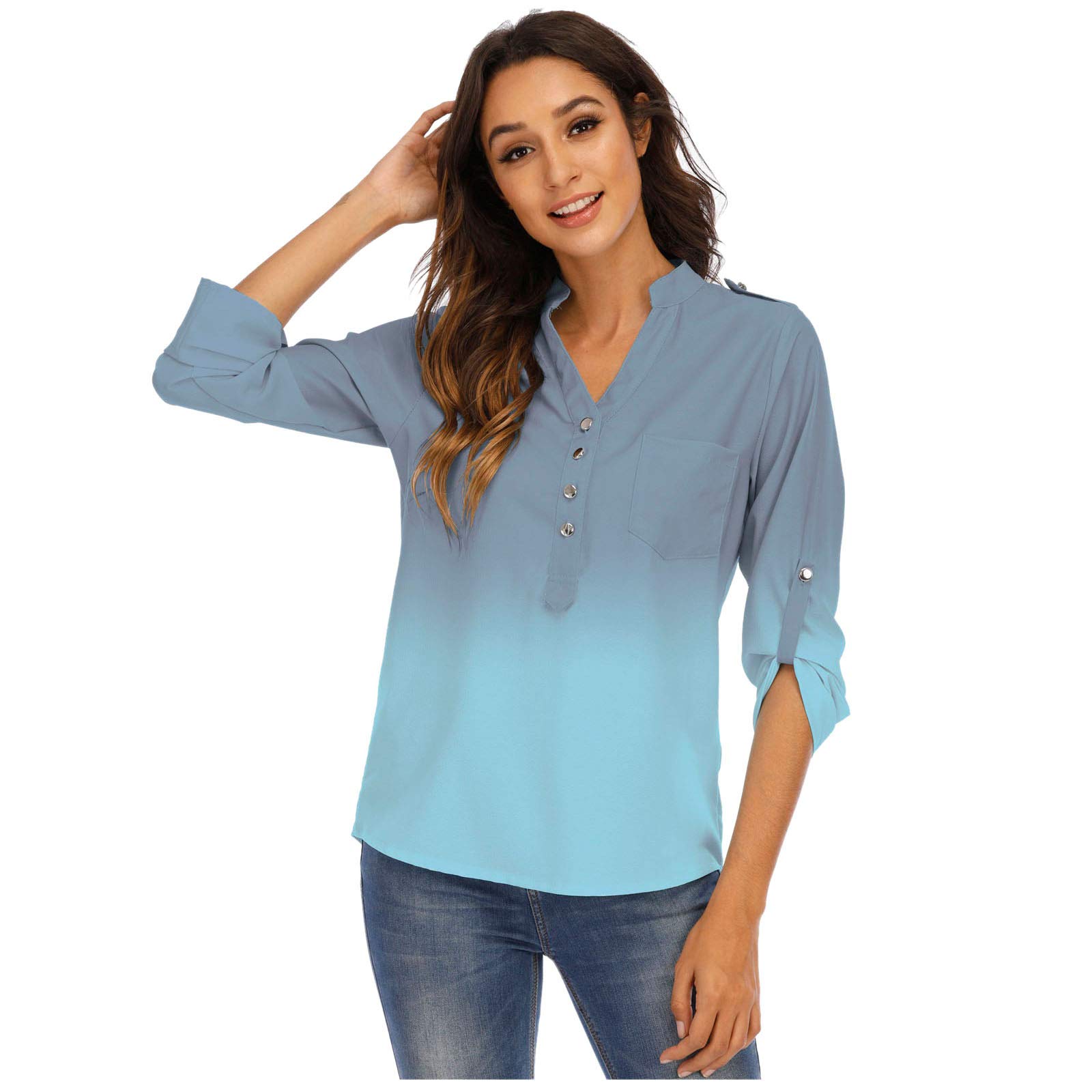 Women's Floral V-Neck Casual Blouse - Short & Long Sleeve Button Up Tunic Top for Work, Date Night & Everyday Wear