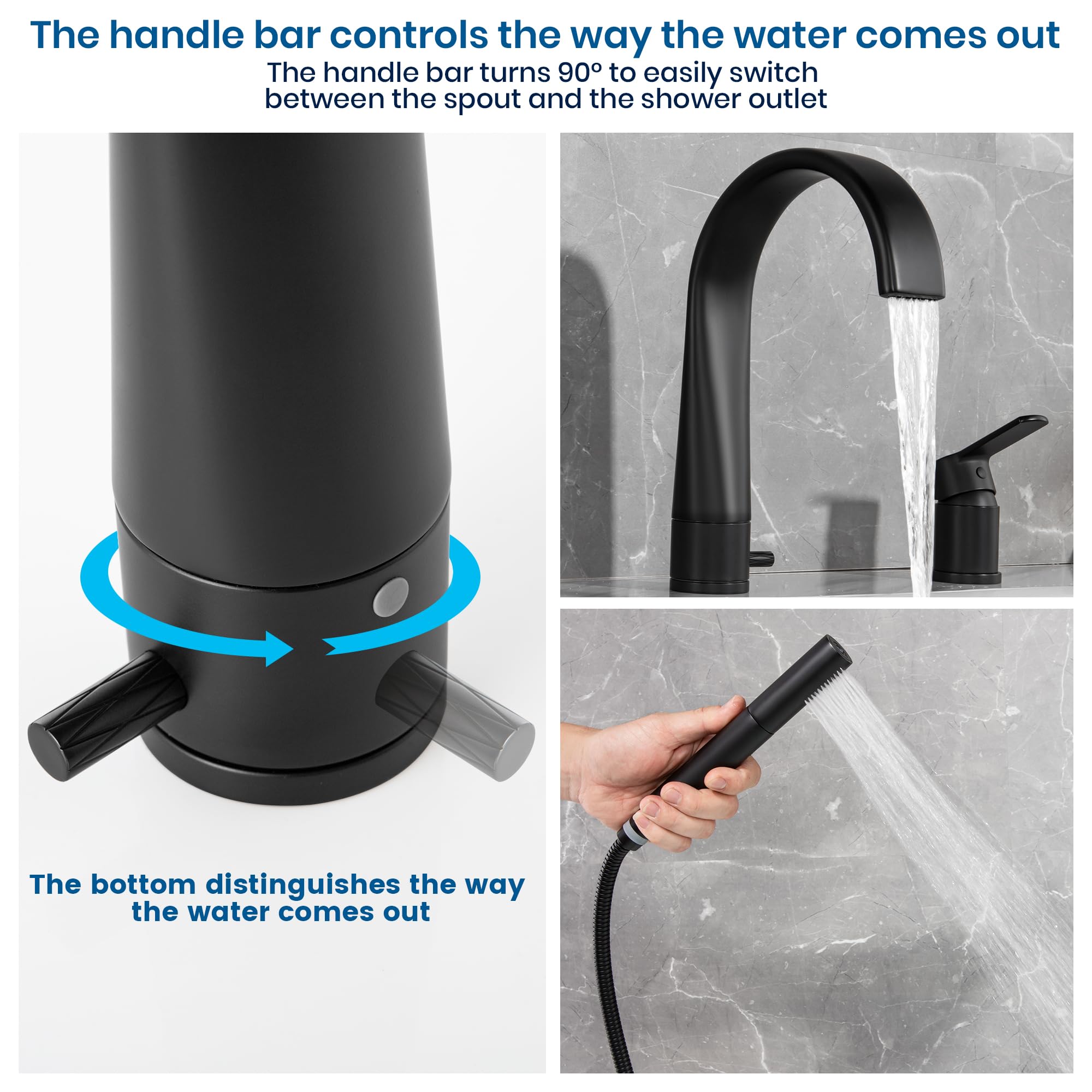 SKOWLL Roman Tub Faucet with Sprayer - Matte Black Deck Mount Bathtub Faucet Set with Handheld Shower & Waterfall Spout - Widespread Bathroom Faucet for Luxury Soaking Tubs (Perfect for Spa-Like Bathroom Upgrades & Relaxing Bubble Baths)
