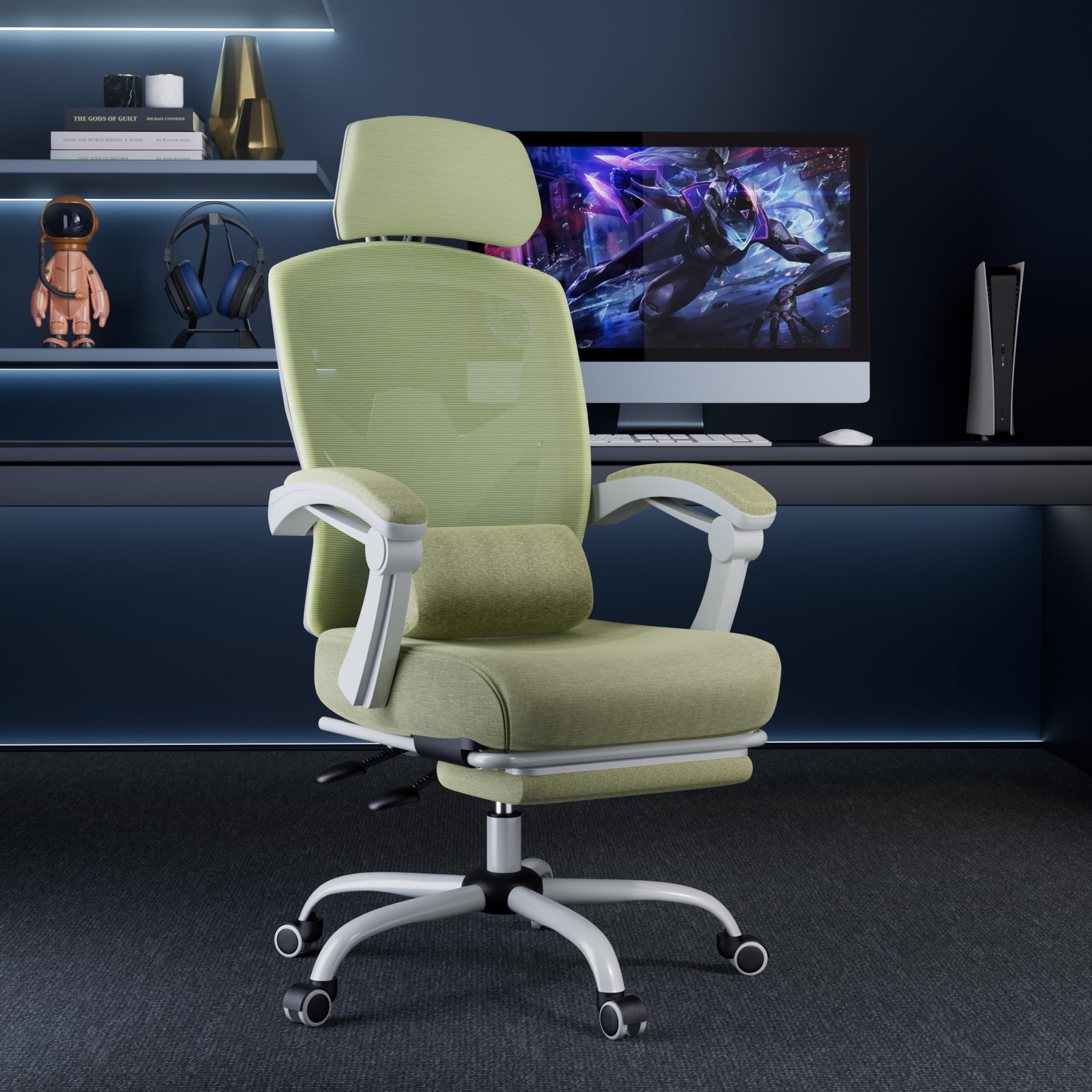 DUMOS Ergonomic High-Back Mesh Office Chair with Adjustable Footrest - Rolling Swivel Reclining Desk Chair with Wheels, Headrest & Lumbar Support - Comfortable for Home Office, Gaming, Studying - Green