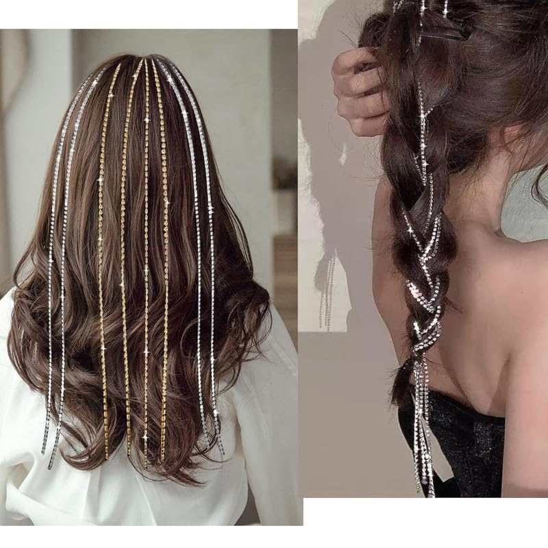 Chirography 4-Piece Sparkle Hair Chain for Girls - Rhinestone Hair Clips for Braiding & Styling - Silver & Gold Hair Extensions for Party, Wedding & Cosplay (2 Silver, 2 Gold) - Perfect for Special Occasions & Everyday Glam