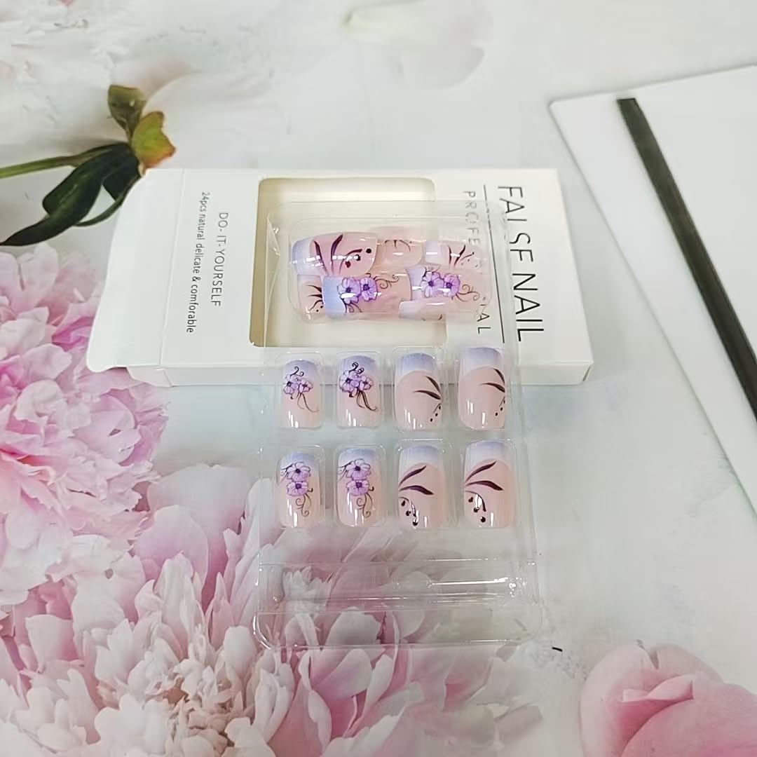 Purple French Press on Nails Short Square Fake Nails - 24PCS Nude False Nails with Purple Flower Glitter Design, Full Cover Acrylic Glue on Nail Tips for Women | Perfect for Parties, Weddings & Daily Wear