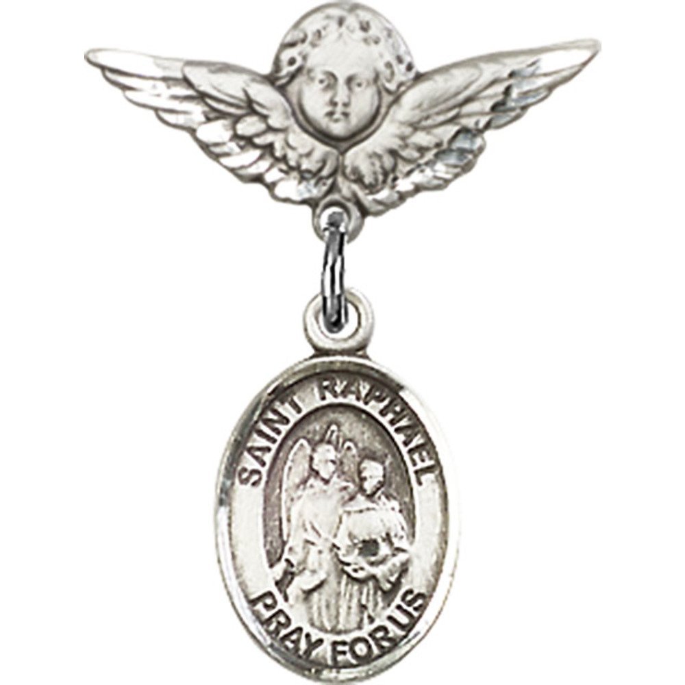 St. Raphael The Archangel Sterling Silver Baby Badge Pin with Angel Wings Charm - 7/8 X 3/4 Inches - Perfect for Christening Gifts, Baby Blessings & Religious Jewelry Collections