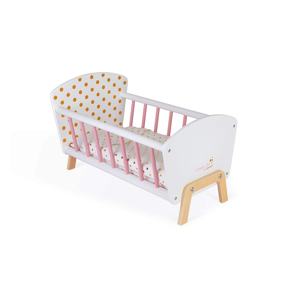 Janod Candy Chic Doll's Bed - Wooden Baby Doll Cradle for Toddlers Age 3+ | J05889 | Pretend Play, Nursery Decor & Gift for Little Girls